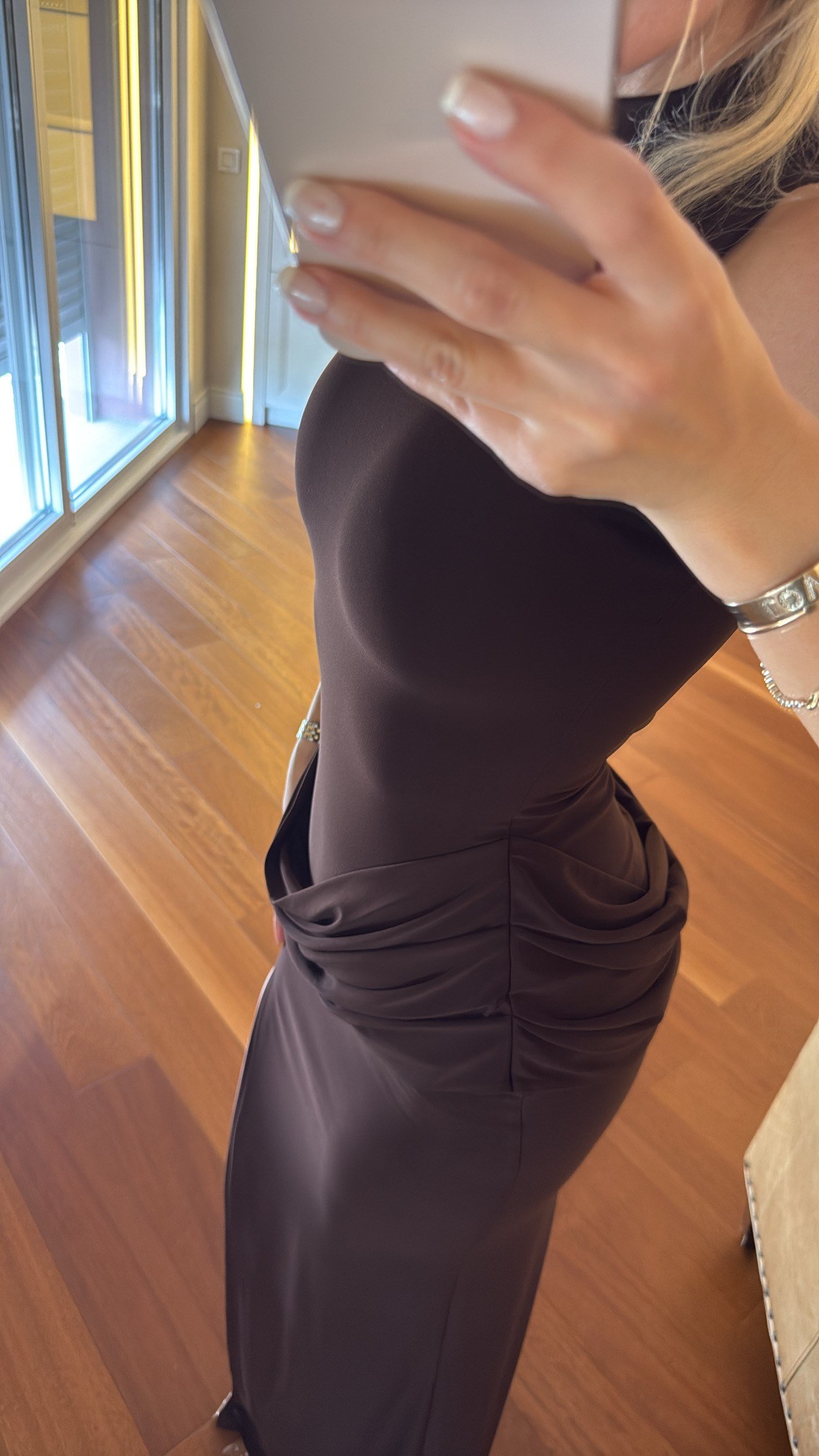 Acı Kahve Drape Detaylı Yırtmaçlı Elbise