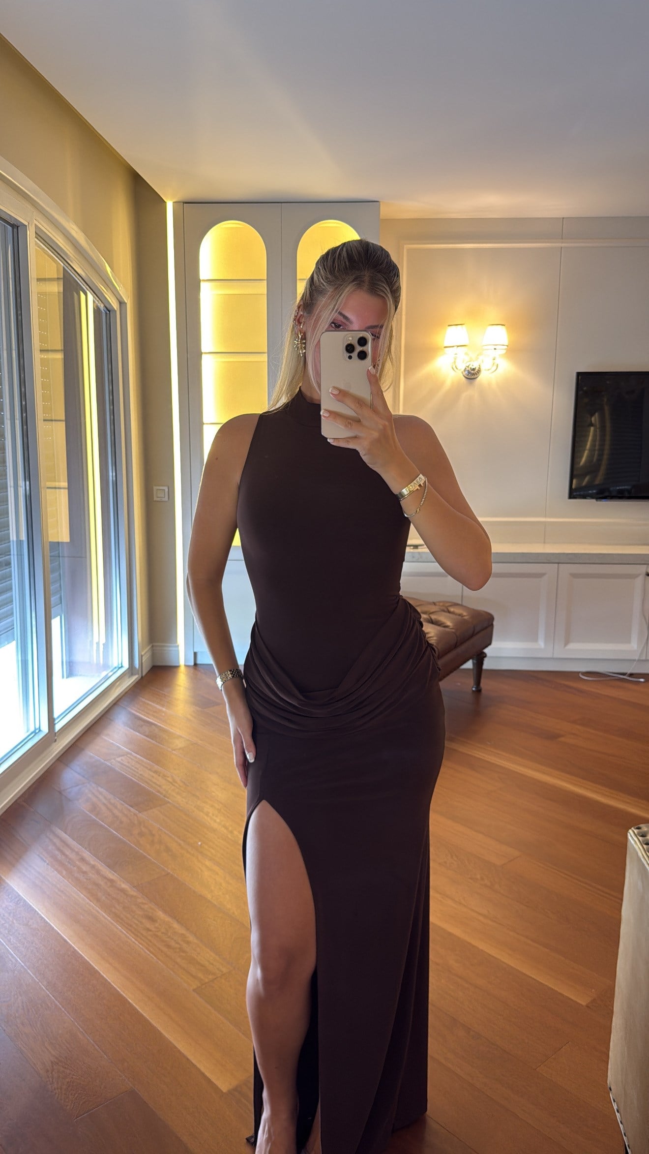 Acı Kahve Drape Detaylı Yırtmaçlı Elbise
