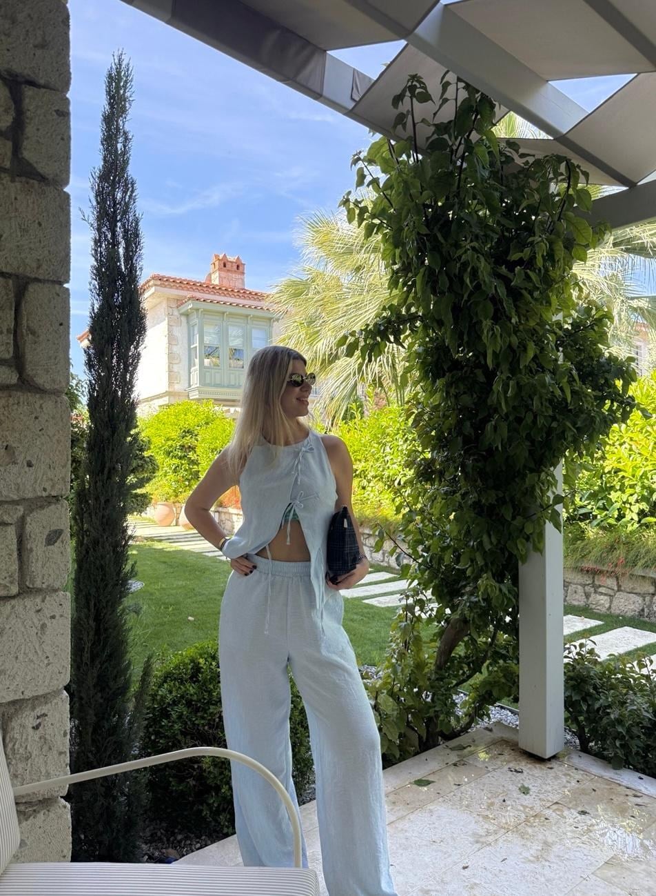 ASTARLI YELEK PANTOLON KETEN TAKIM MAVİ