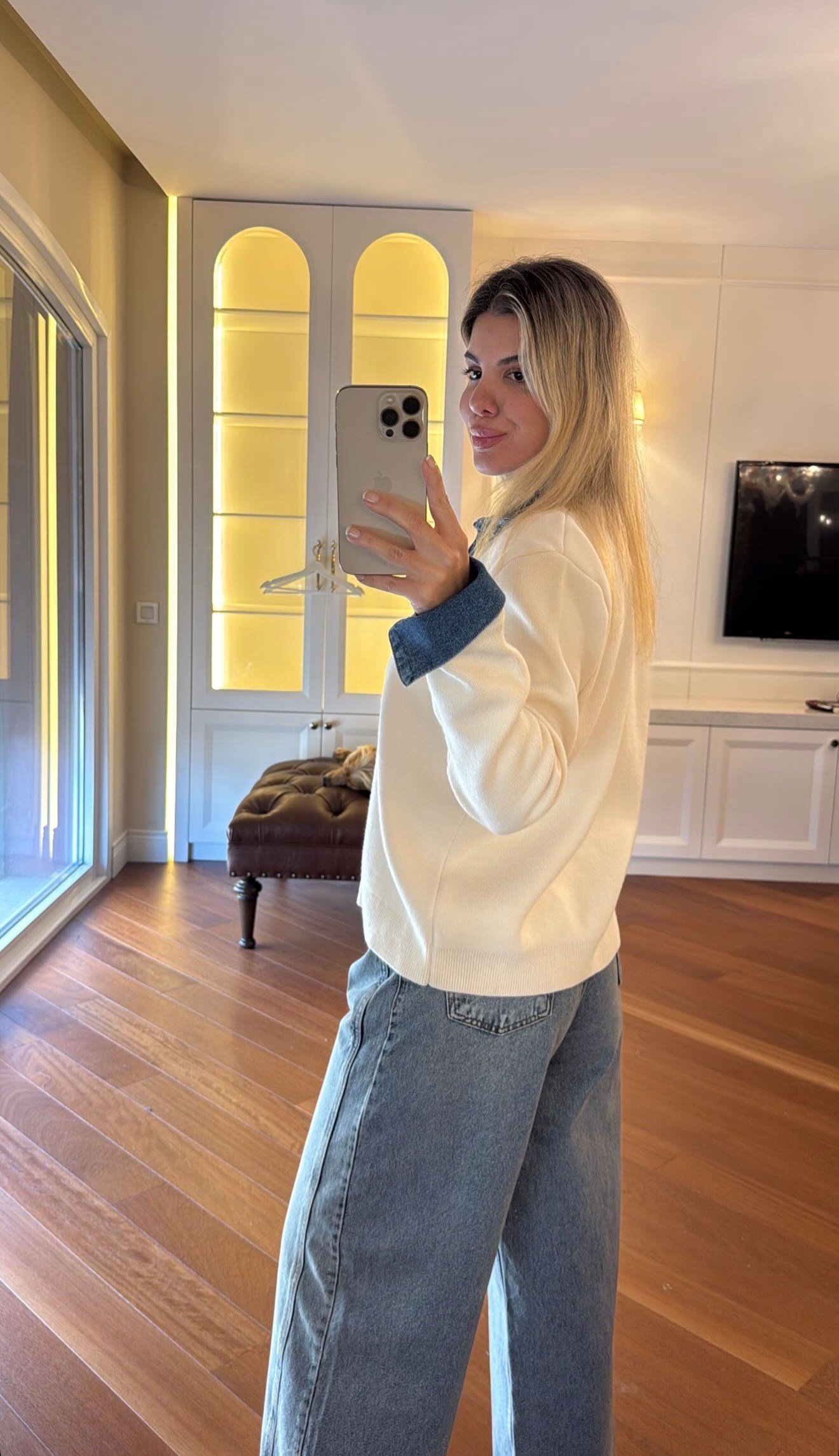 Denim Detaylı Krem Hırka