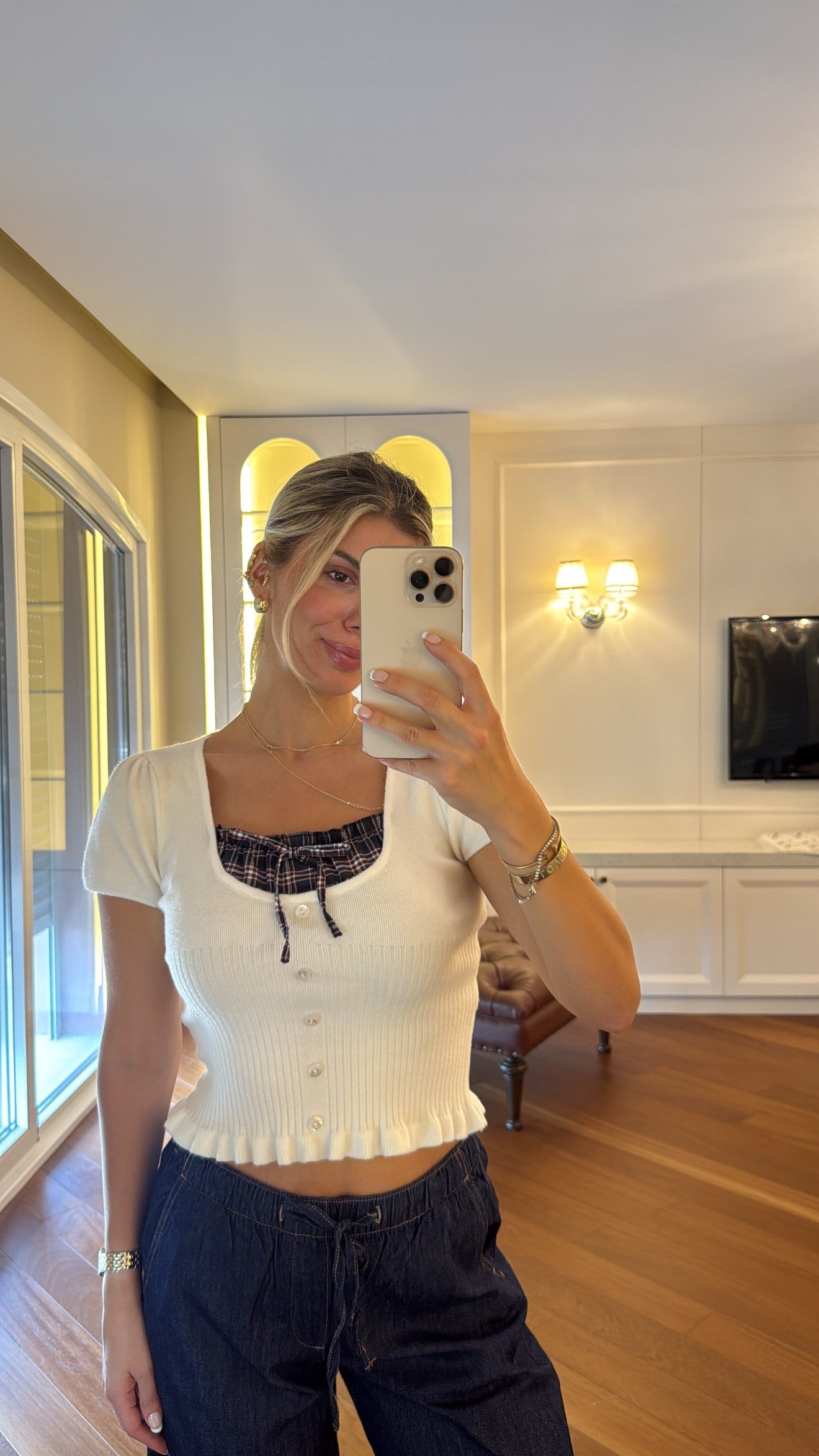 Ekose Garnili Triko Beyaz