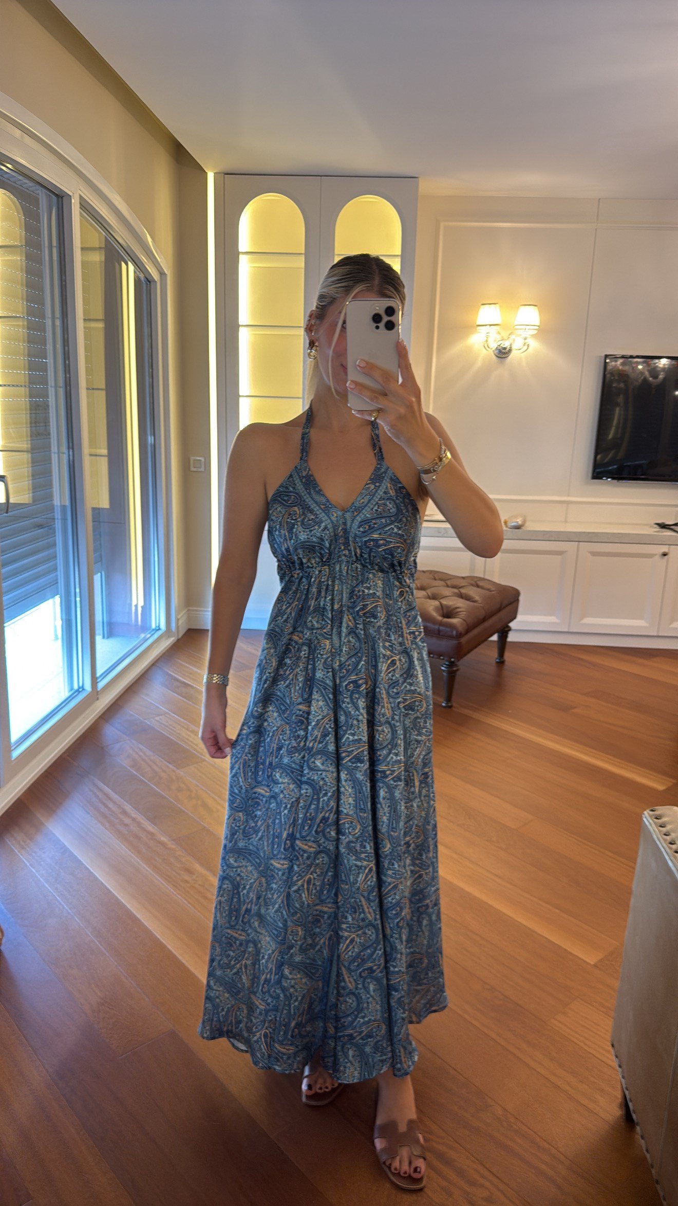 Etnik Desenli Saten Karışımlı Maxi Boy Elbise