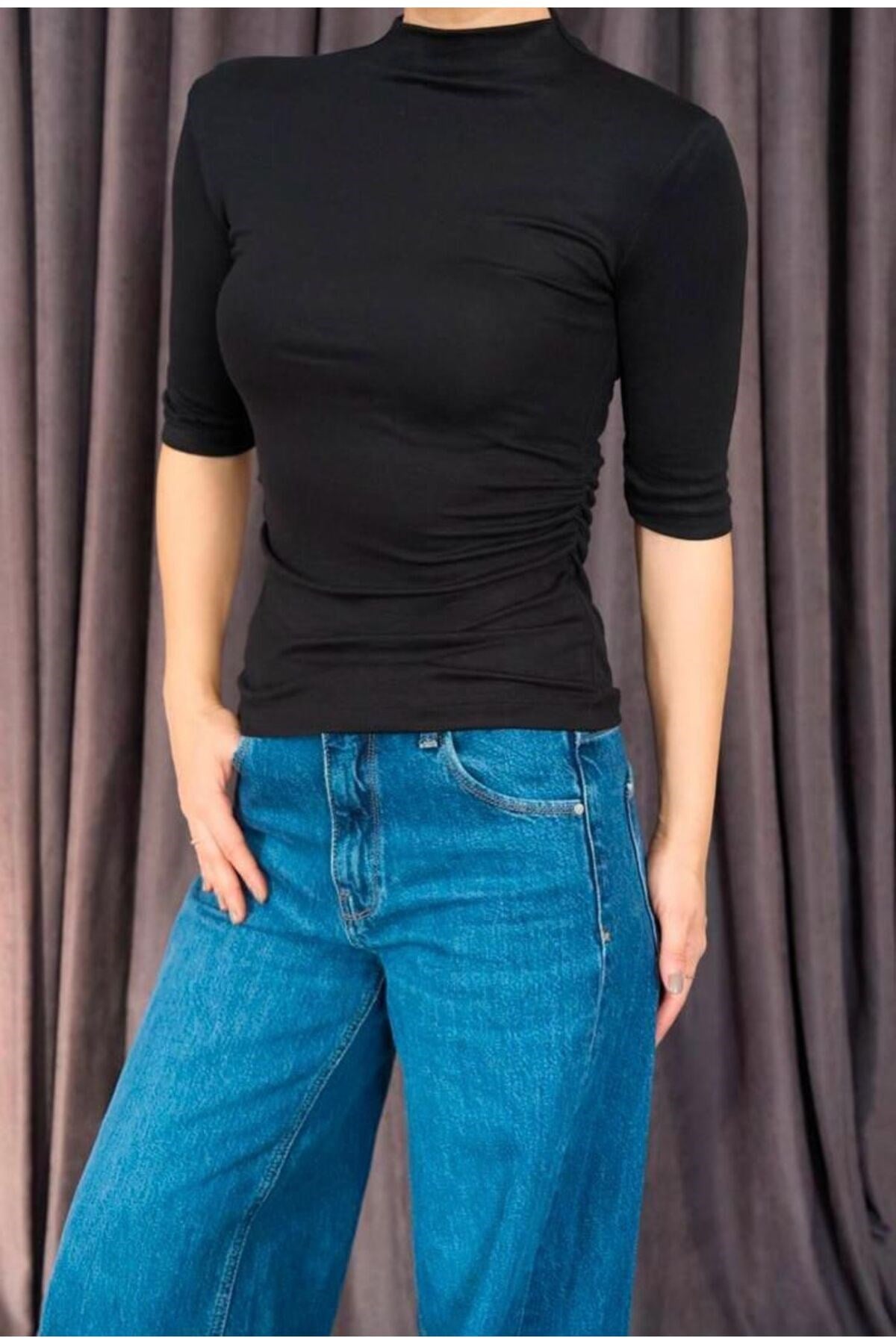 Kısa Kollu Kadın Body Bel Detaylı Slim Fit