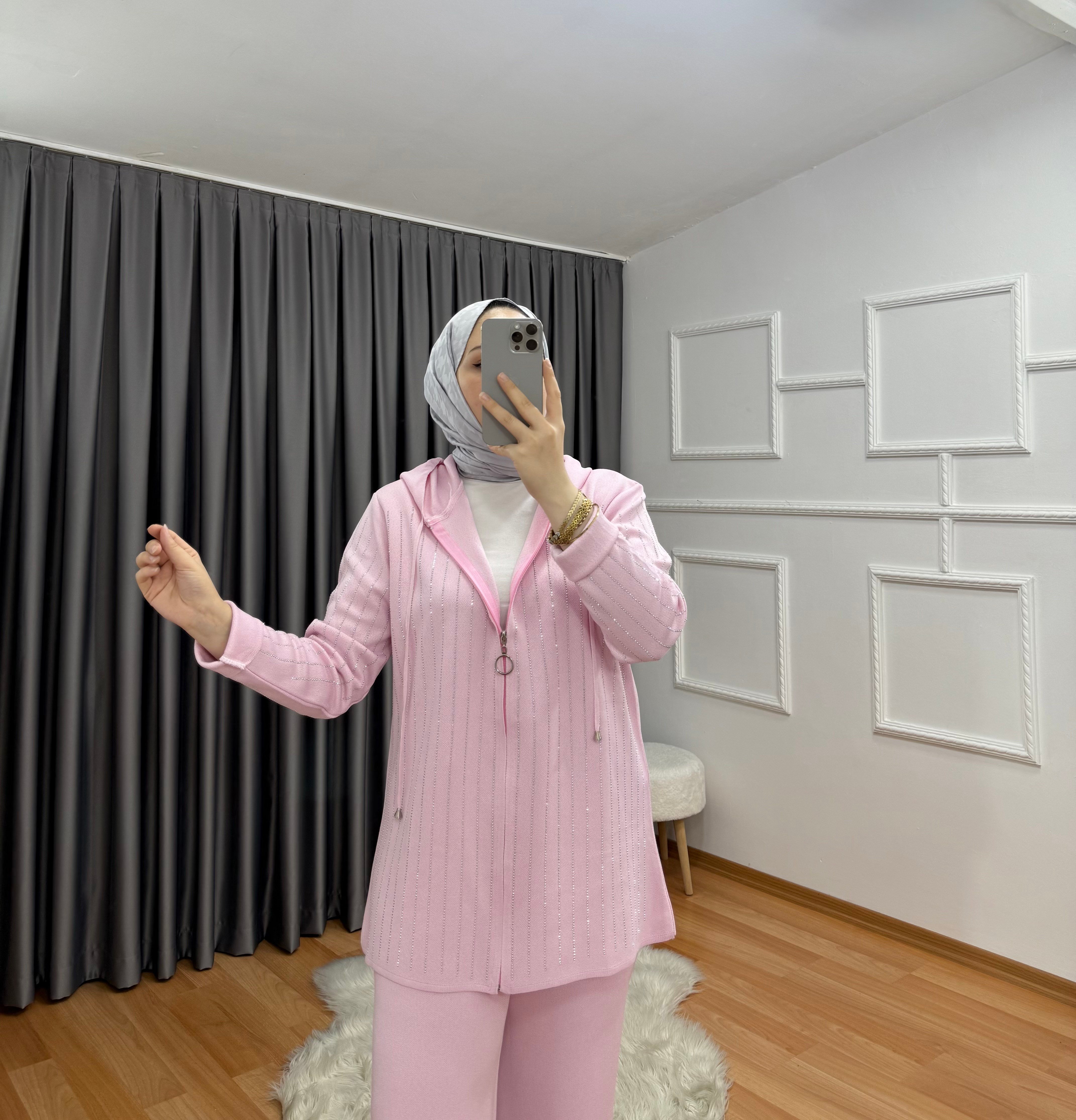 Qub Taşlı Triko Takım  Pembe 1057 
