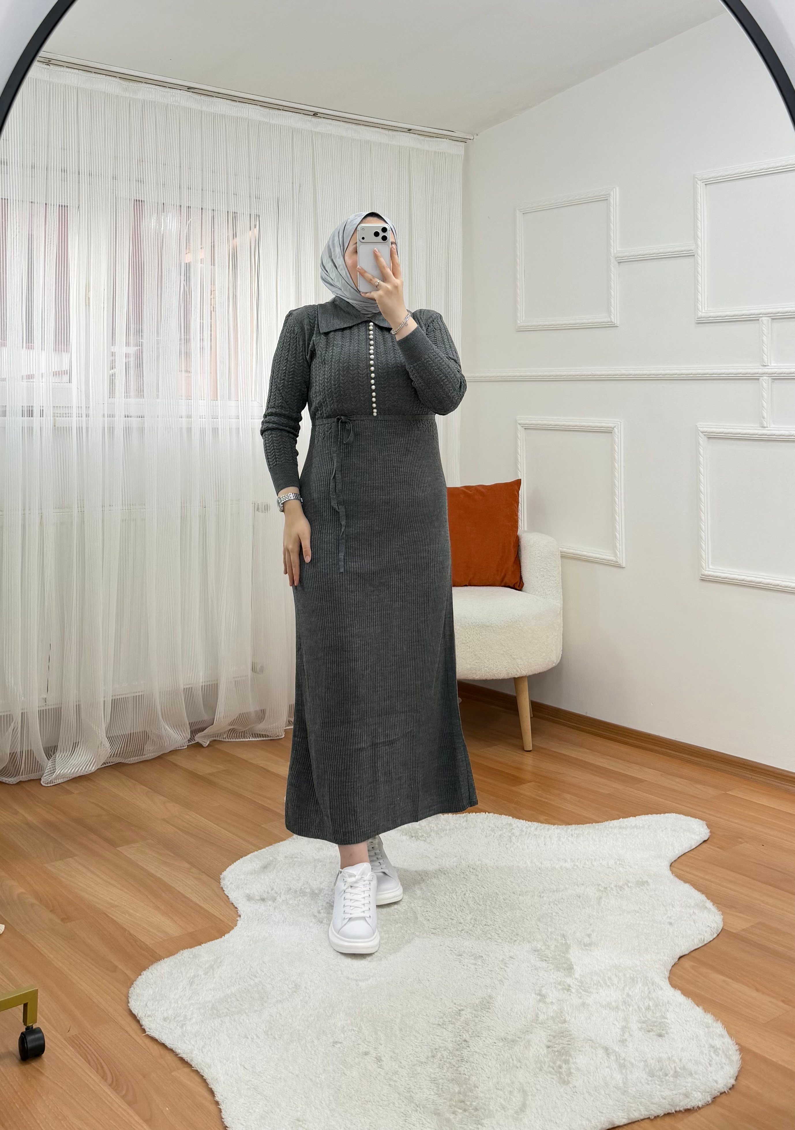 Qub İncili Elbise antrasit  1059 