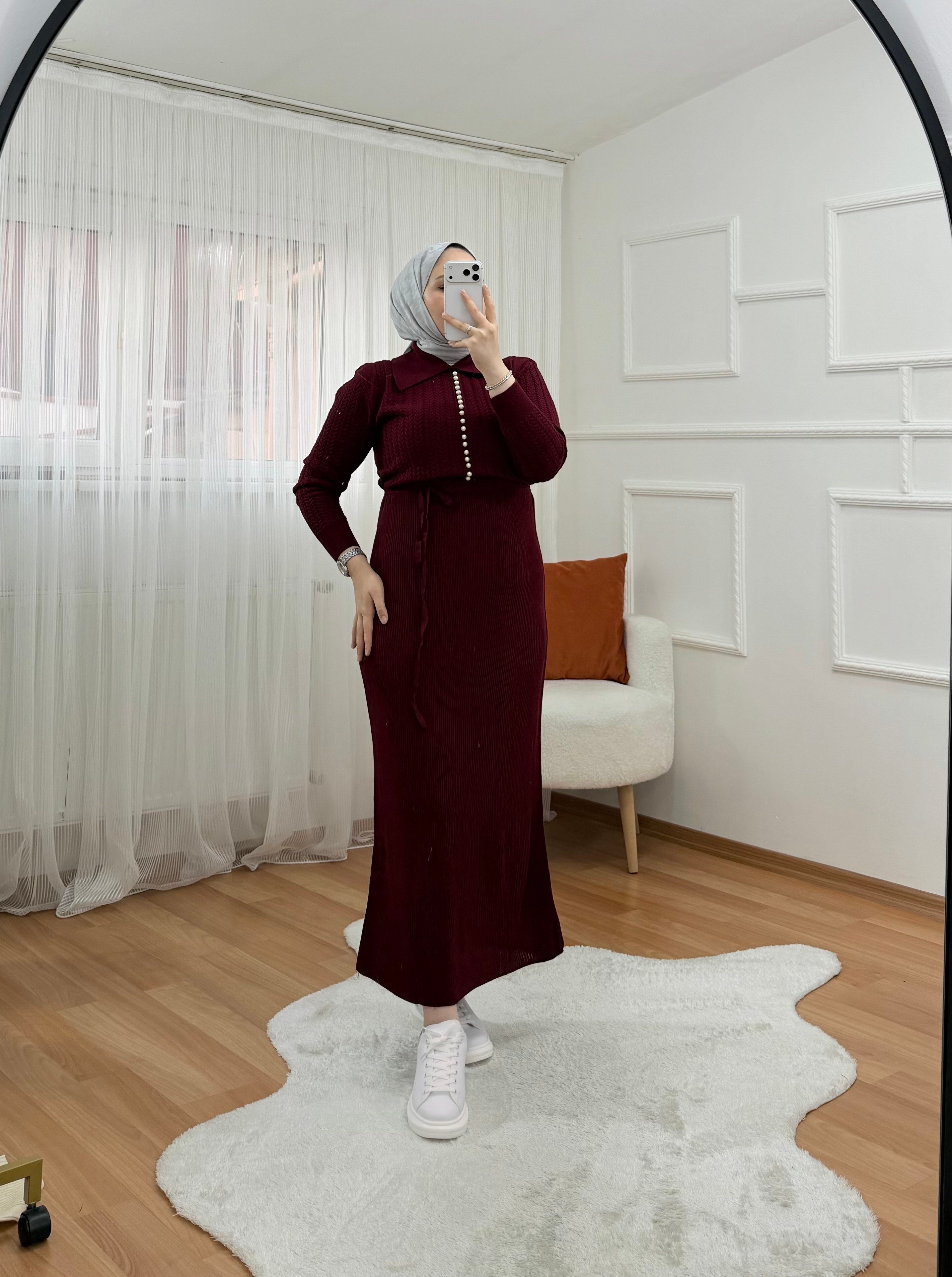 Qub İncili Elbise bordo 1059 