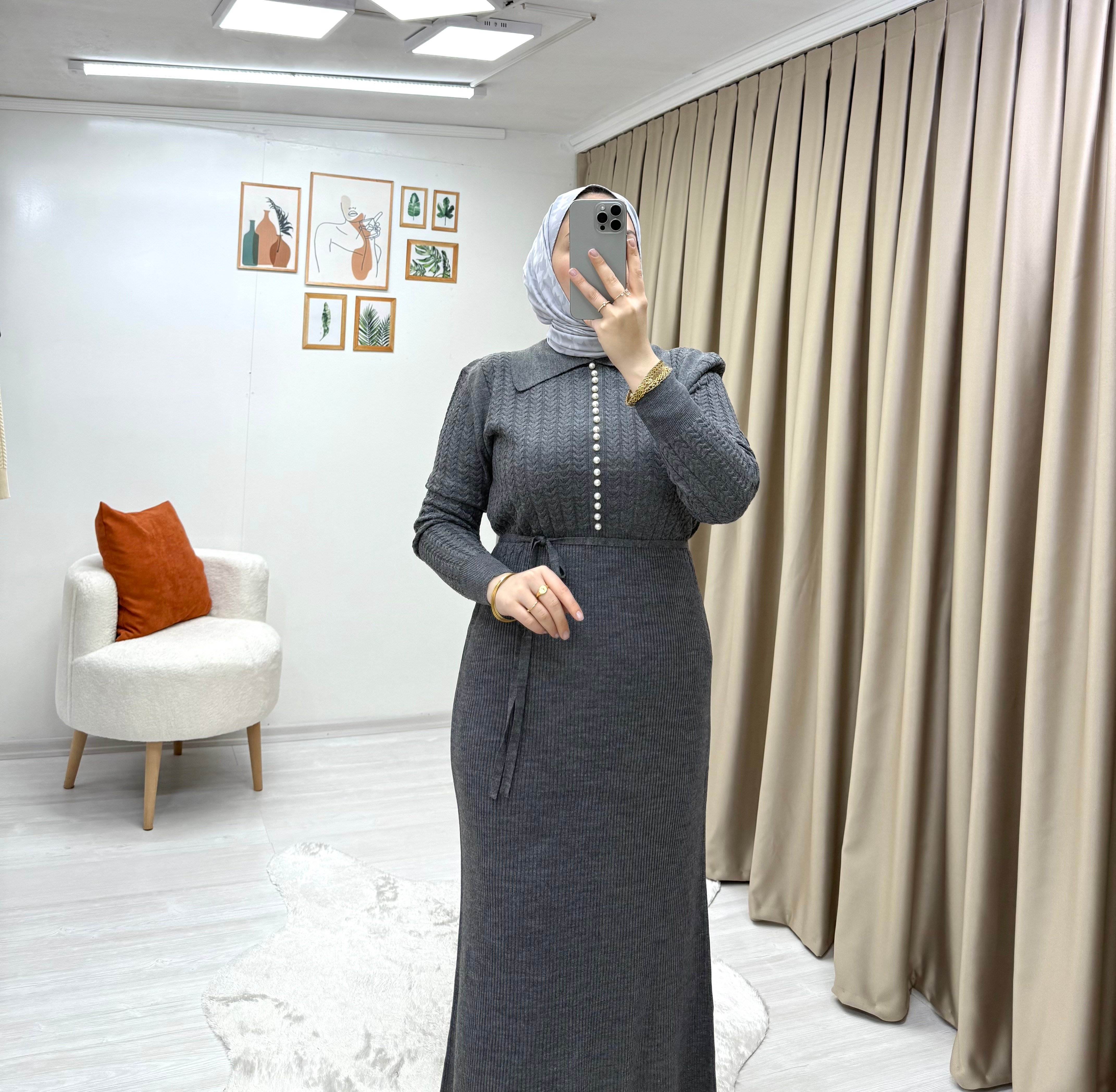 İncili Triko Elbise Antrasit 0014 