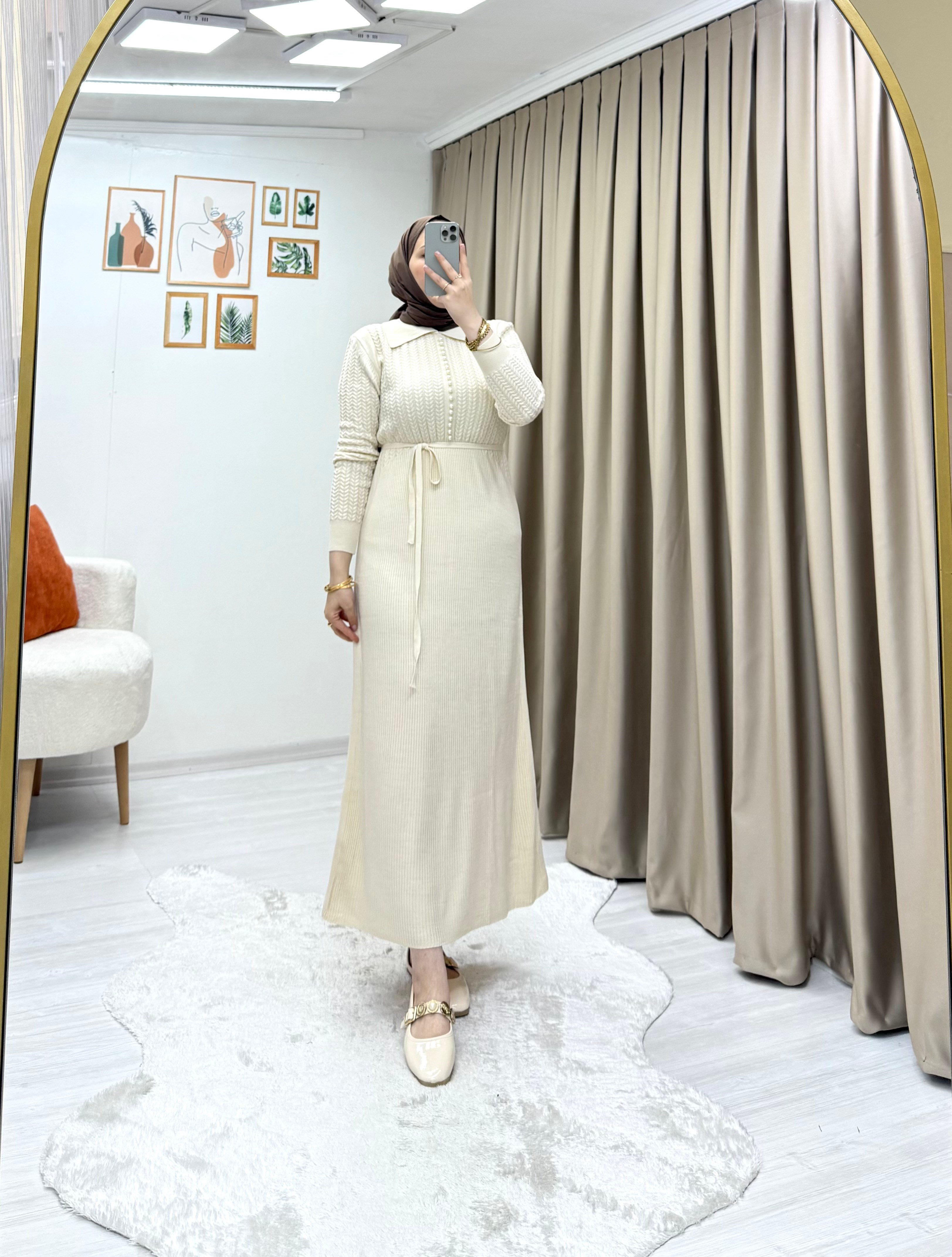 İncili Triko Elbise Bej 0014 
