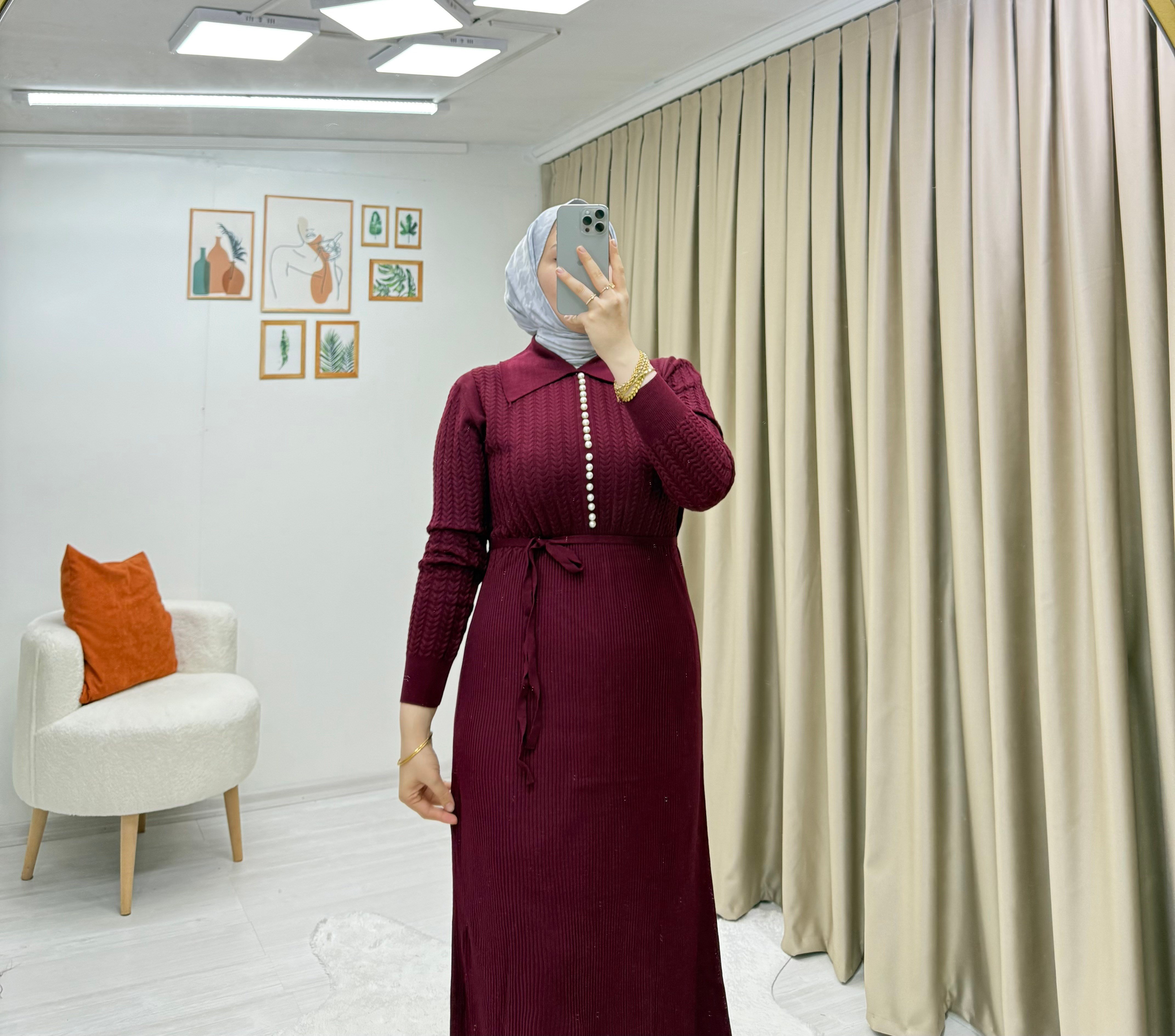 İncili Triko Elbise Bordo 0014 