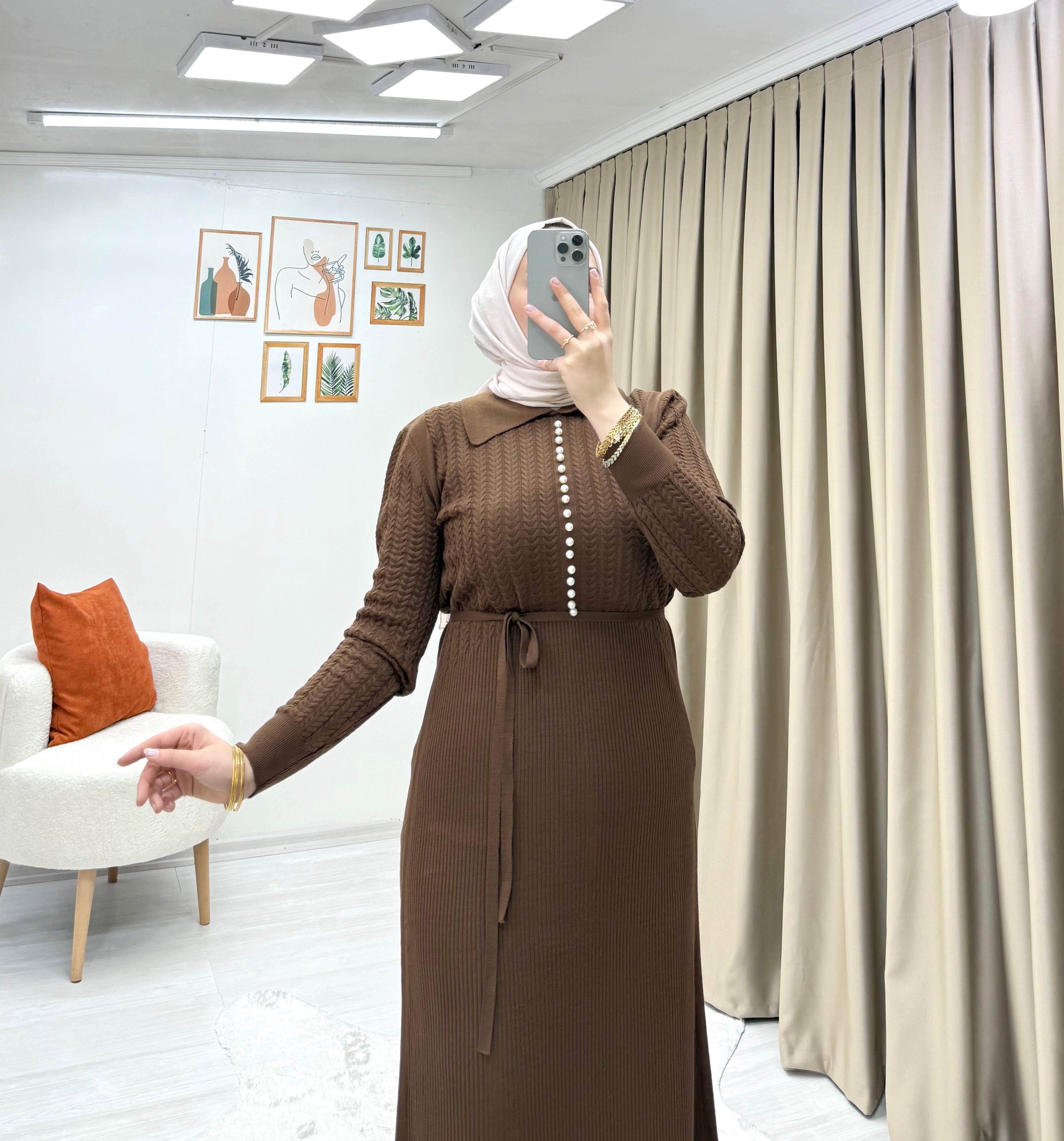 İncili Triko Elbise Kahve 0014 