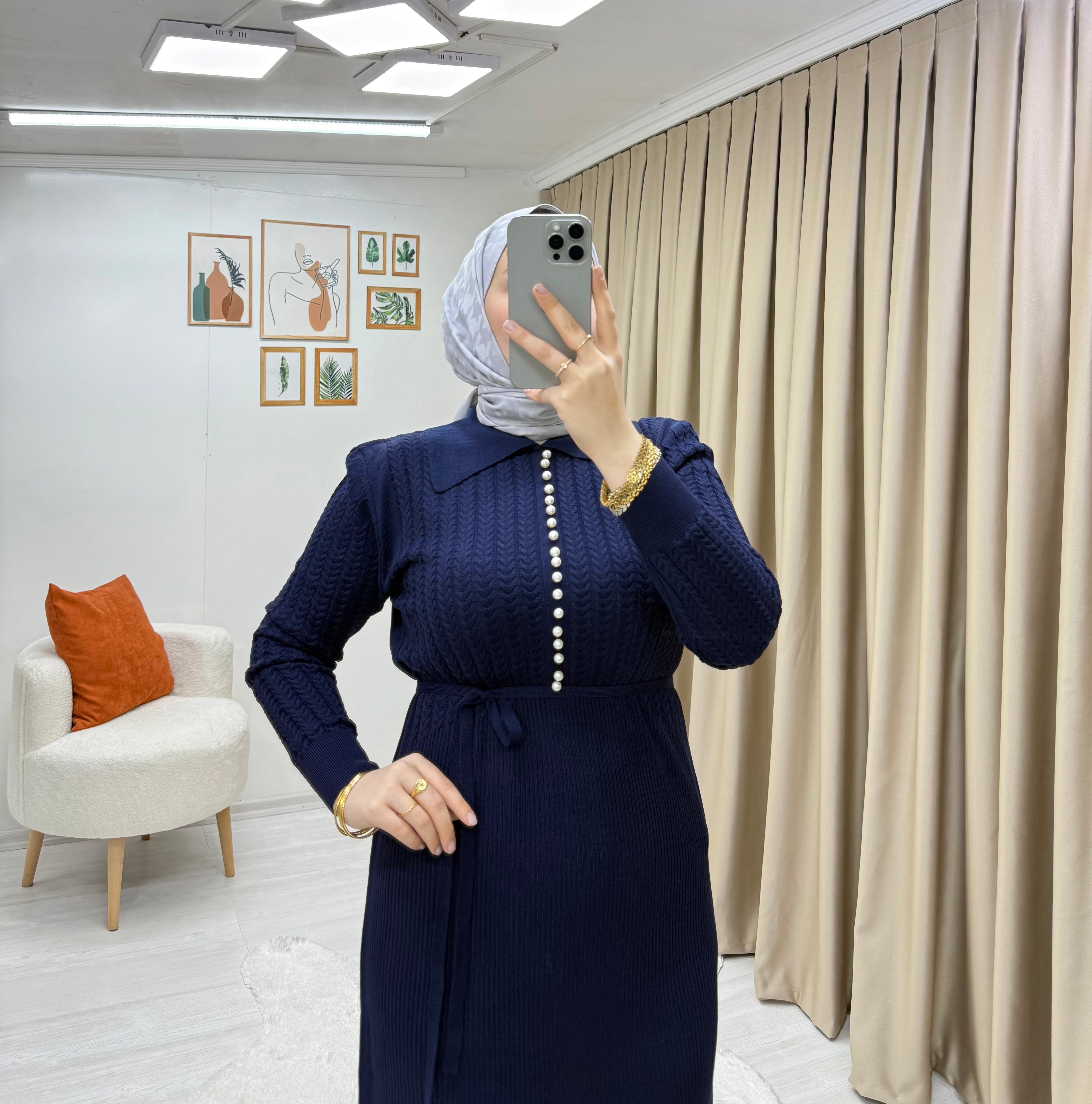 İncili Triko Elbise Lacivert 0014 