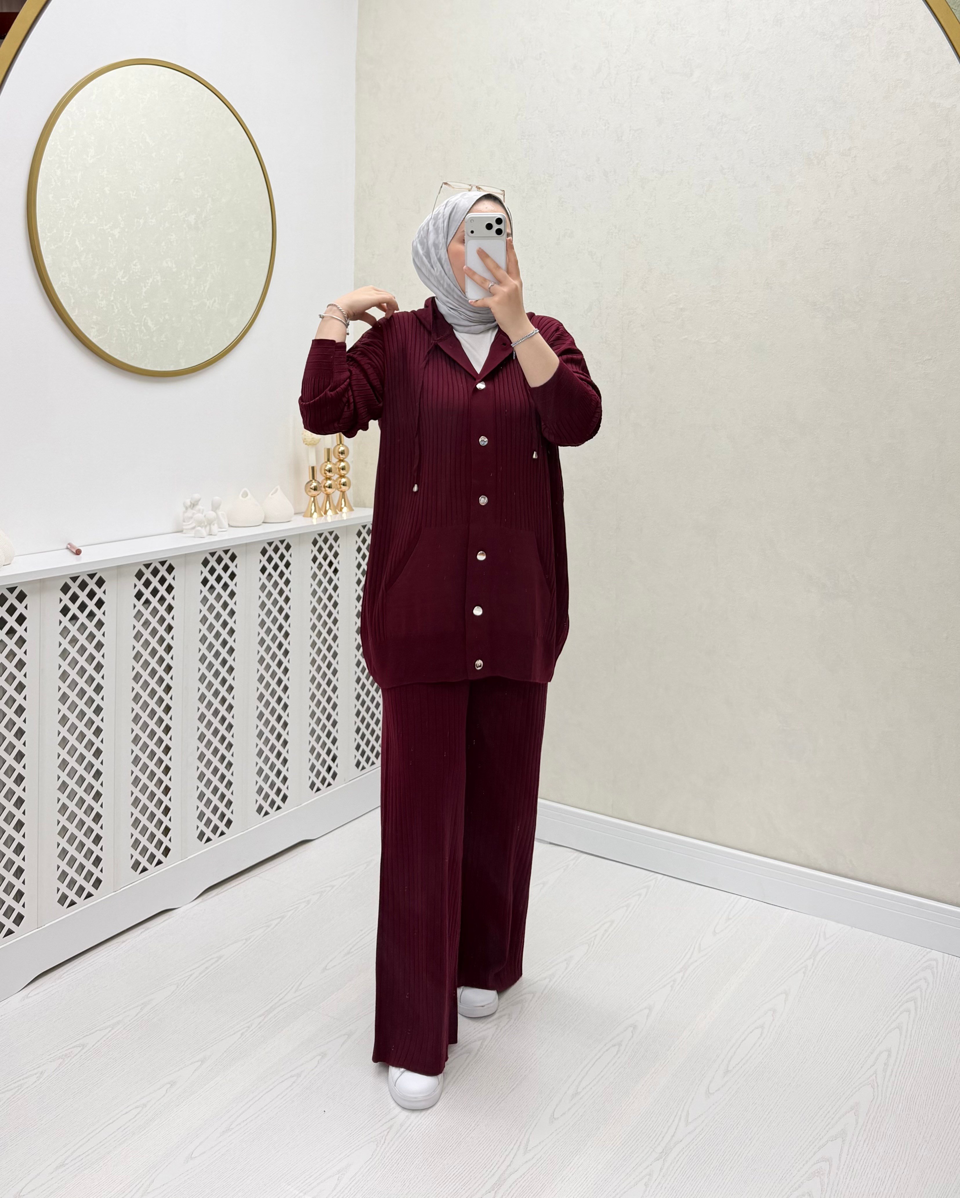Oub Düğmeli Fitilli Triko Takım Bordo 71 