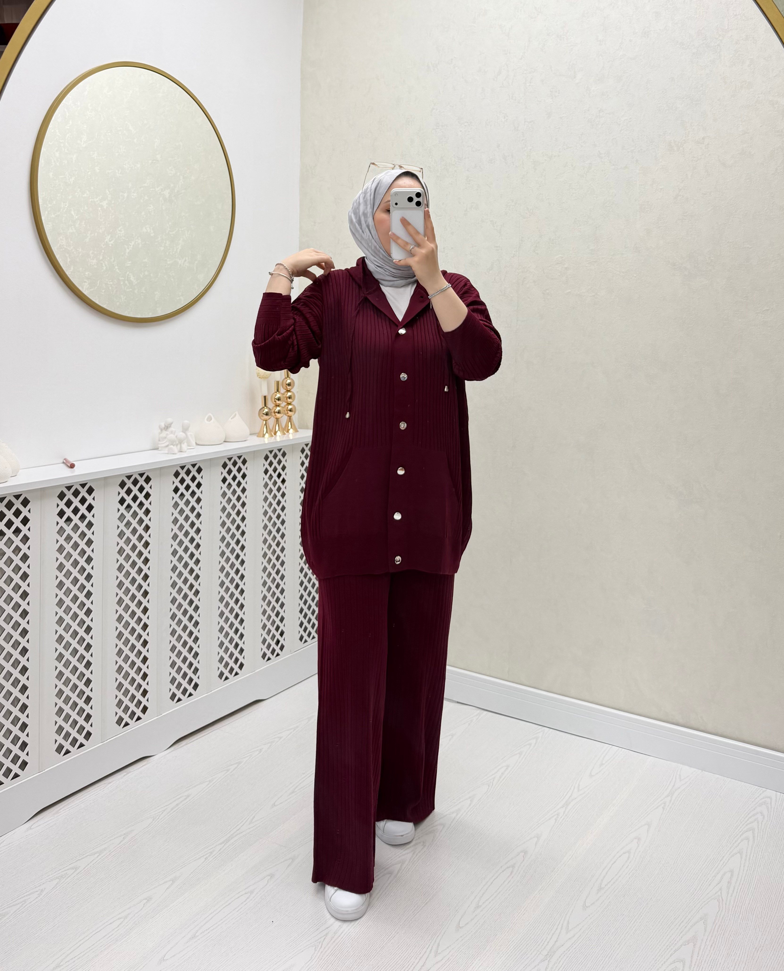Oub Düğmeli Fitilli Triko Takım Bordo 71 