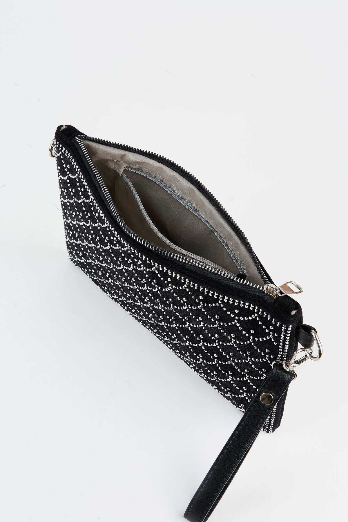 Kadın Balık Gümüş Taşlı Süet Bilek Askılı Ve Zincir Askılı Portföy El Ve Clutch Çanta