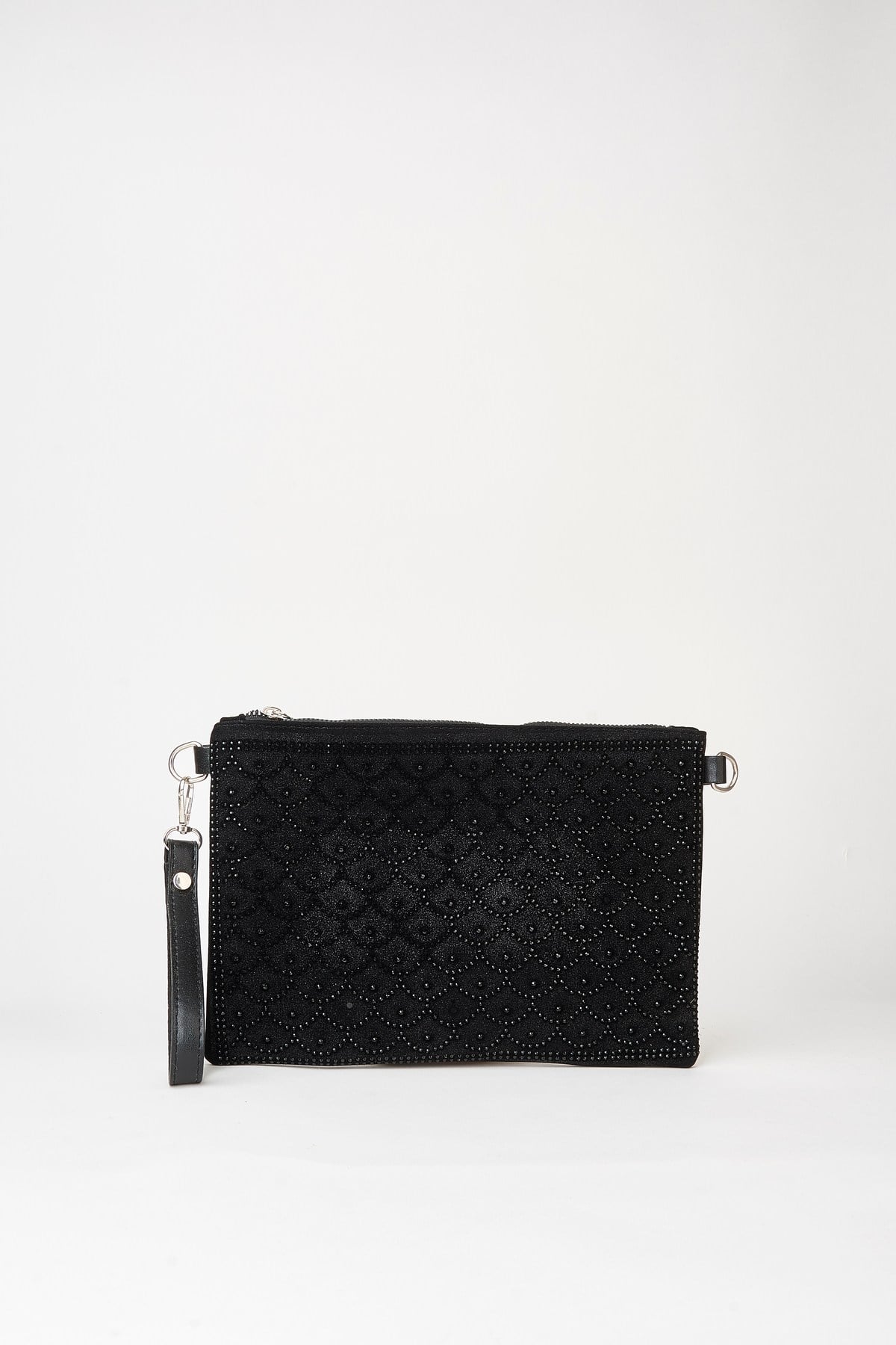 Kadın Balık Siyah Taşlı Süet Bilek Askılı Ve Zincir Askılı Portföy El Ve Clutch Çanta