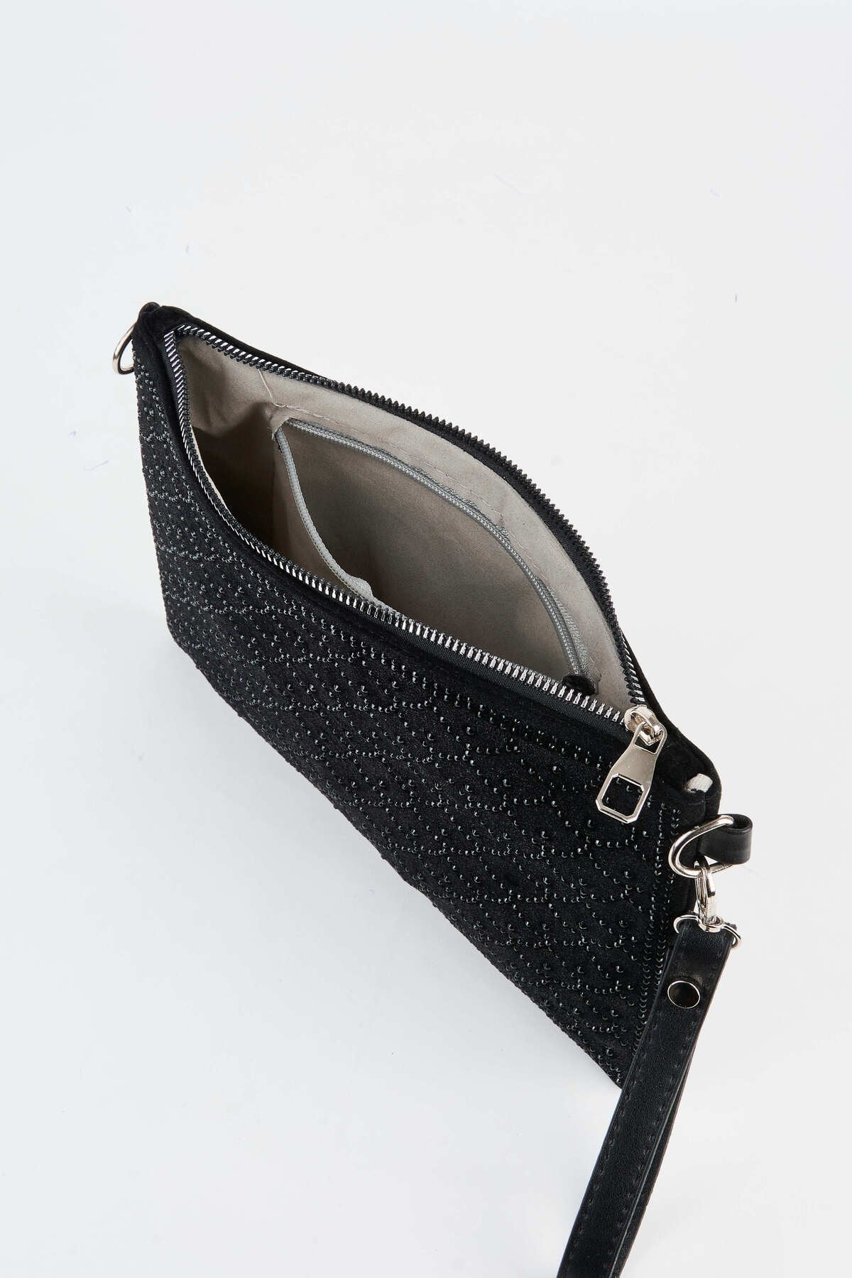 Kadın Balık Siyah Taşlı Süet Bilek Askılı Ve Zincir Askılı Portföy El Ve Clutch Çanta