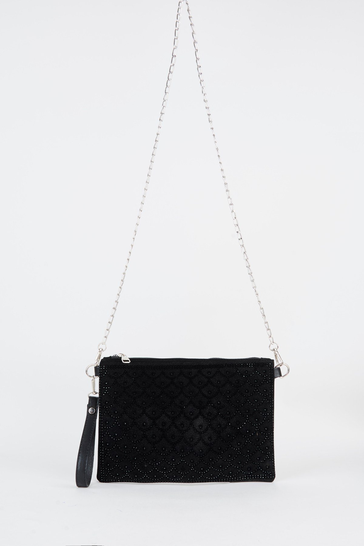 Kadın Balık Siyah Taşlı Süet Bilek Askılı Ve Zincir Askılı Portföy El Ve Clutch Çanta