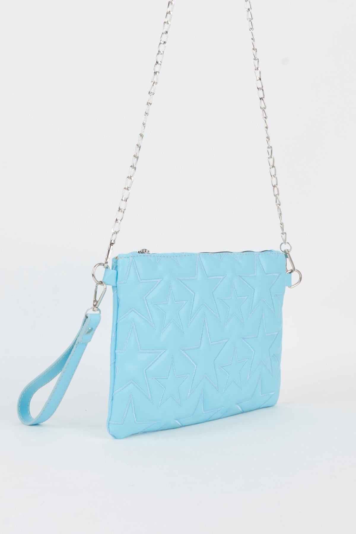 Kadın Bebe Mavi Yıldız Nakışlı Suni Deri Bilek Ve Zincir Askılı Portföy El Ve Clutch Çanta
