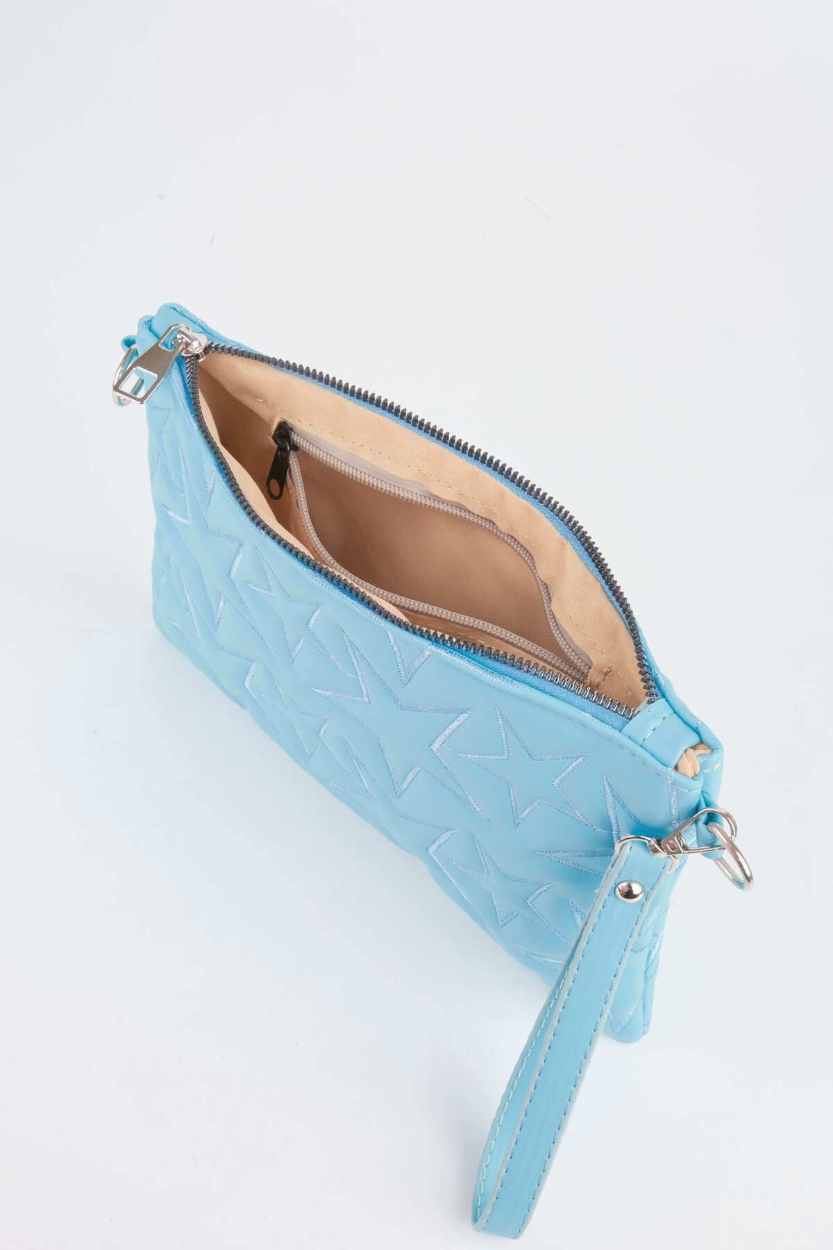Kadın Bebe Mavi Yıldız Nakışlı Suni Deri Bilek Ve Zincir Askılı Portföy El Ve Clutch Çanta