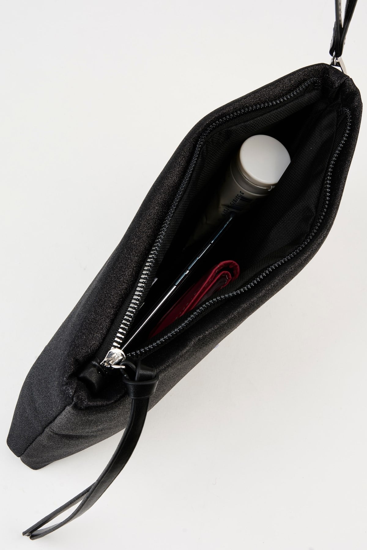 Kadın Bellis Simli Siyah Astarlı Suni Deri Bilek Askılı Portföy El Ve Clutch Çanta