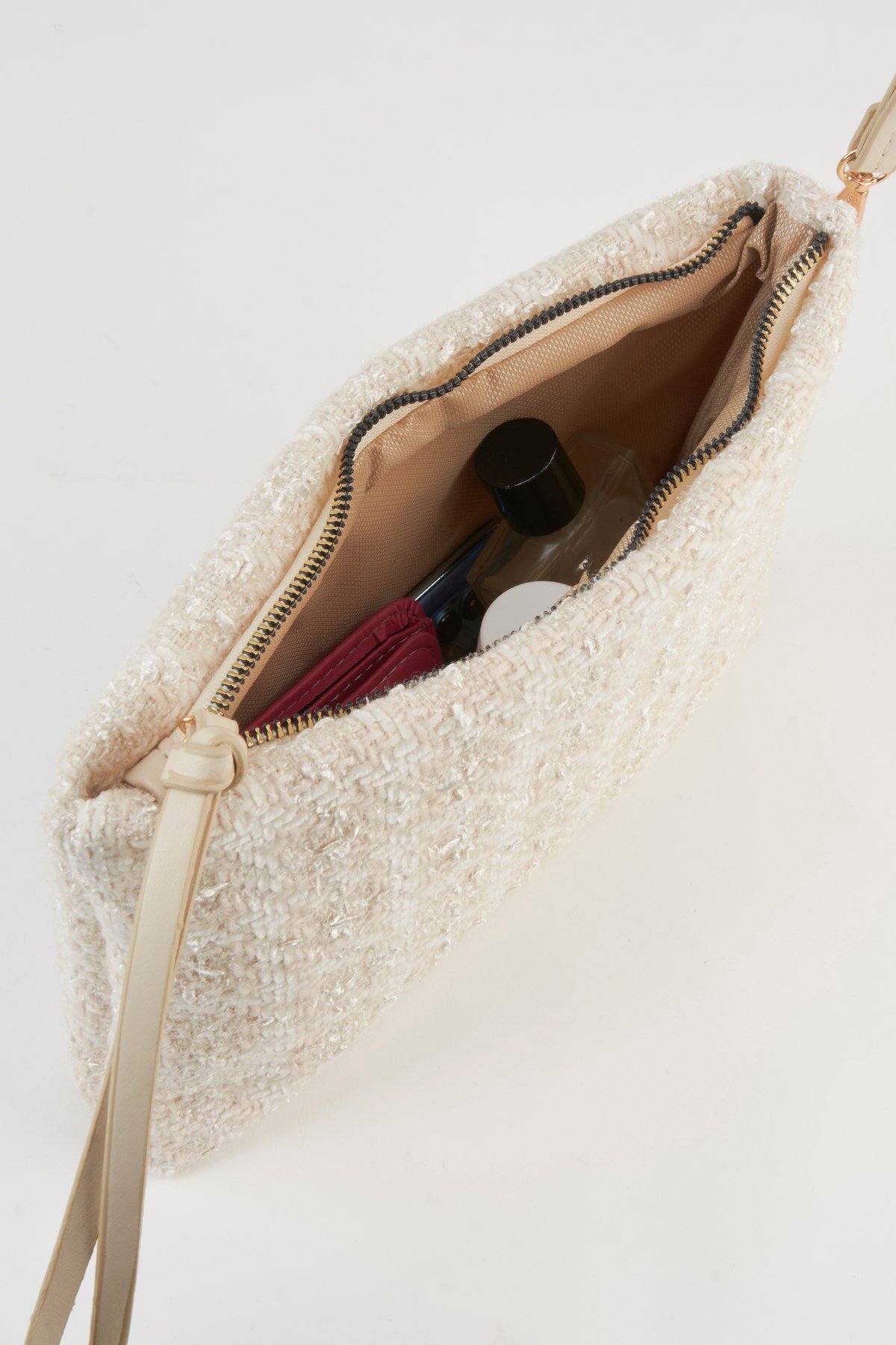 Kadın Bellis Tweed Kumaş Krem Astarlı Suni Deri Bilek Askılı Portföy El Ve Clutch Çanta