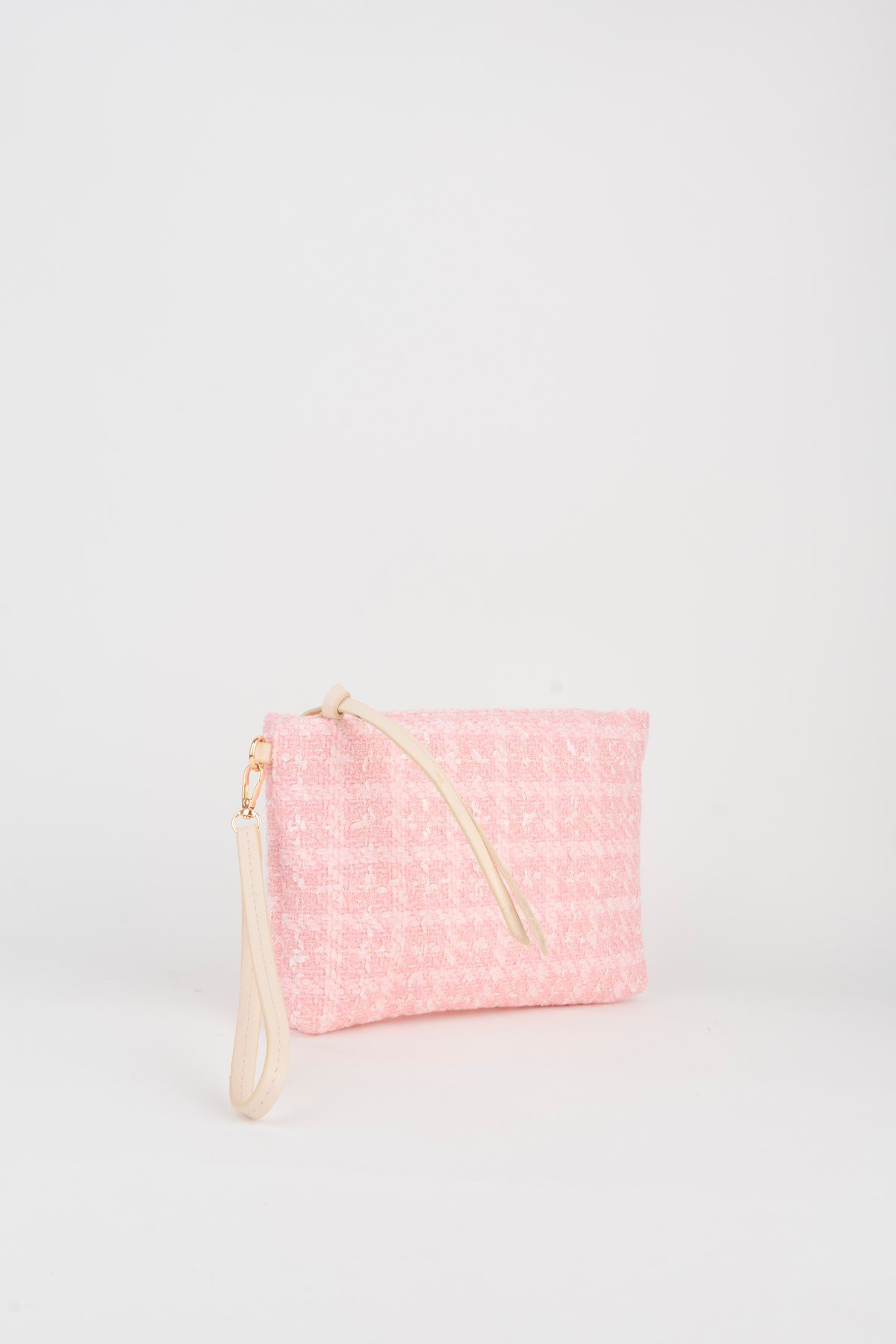Kadın Bellis Tweed Kumaş Pembe Astarlı Suni Deri Bilek Askılı Portföy El Ve Clutch Çanta
