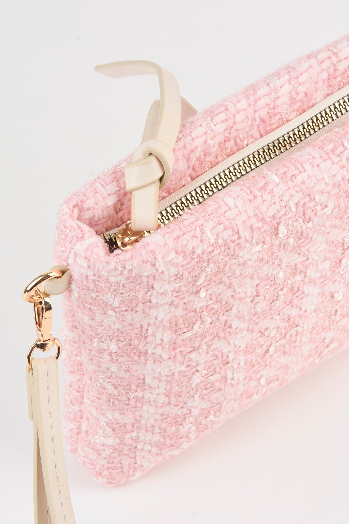 Kadın Bellis Tweed Kumaş Pembe Astarlı Suni Deri Bilek Askılı Portföy El Ve Clutch Çanta