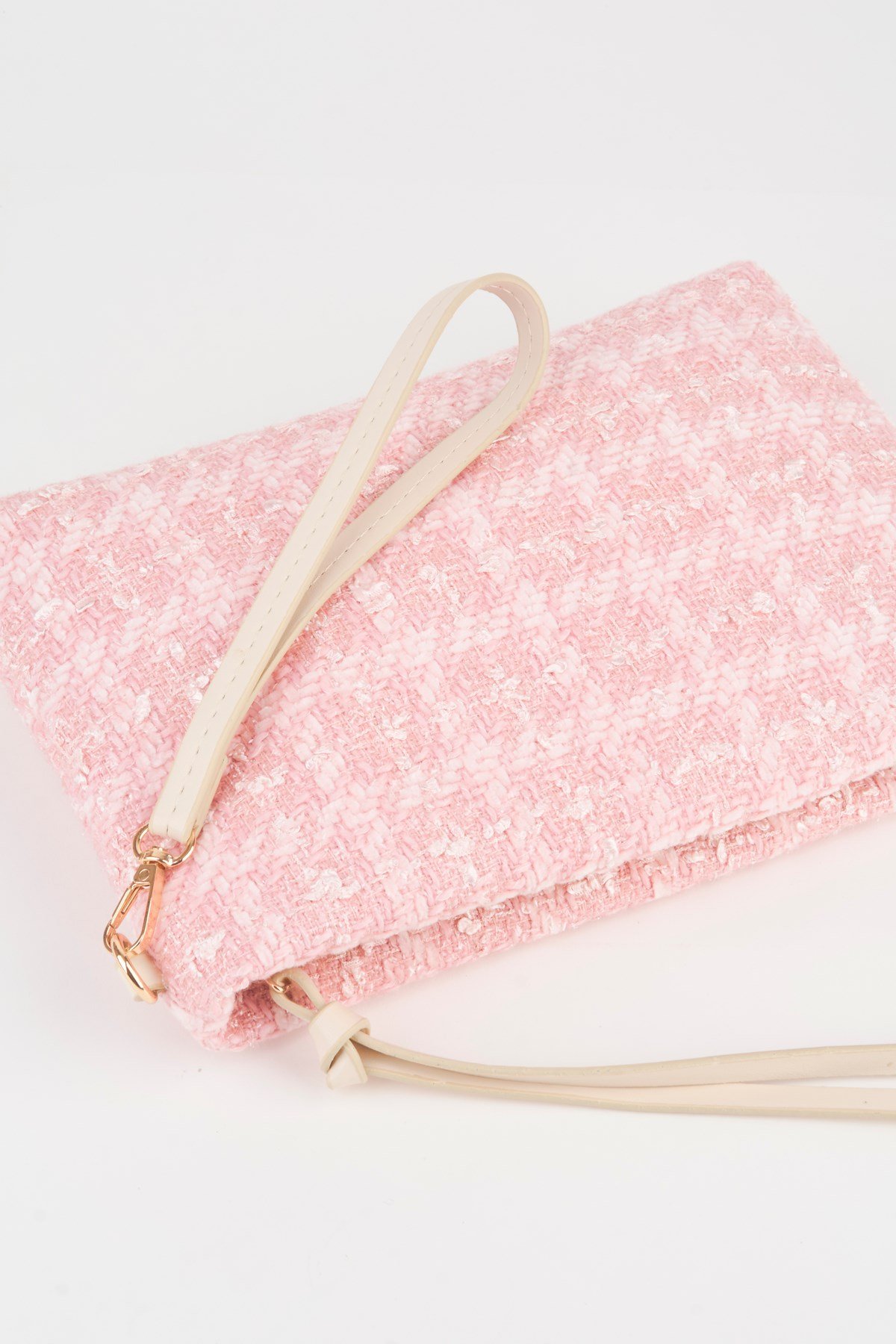 Kadın Bellis Tweed Kumaş Pembe Astarlı Suni Deri Bilek Askılı Portföy El Ve Clutch Çanta