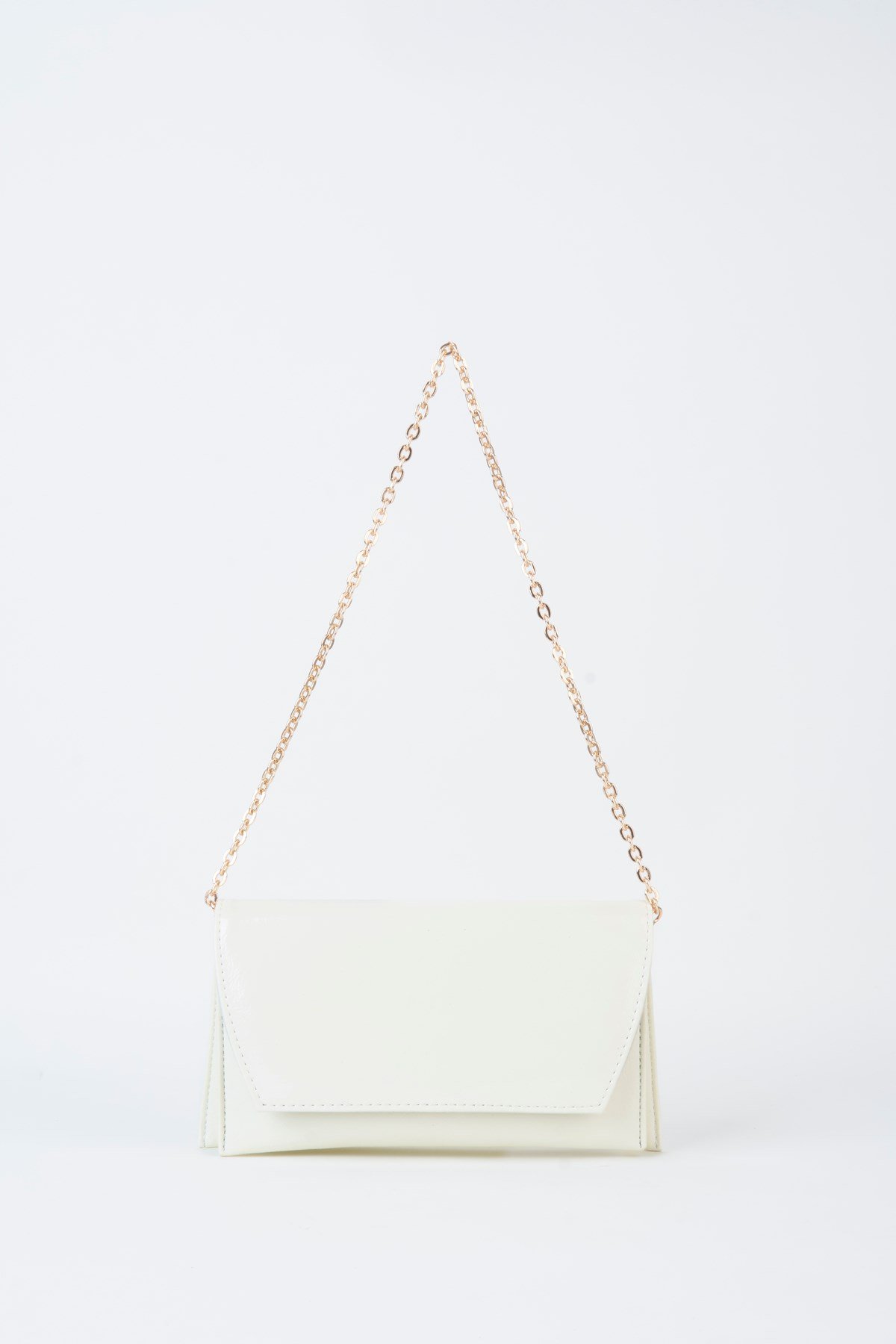 Kadın Beyaz Rugan Zarf Tasarım 2 Bölmeli Mini Zincir Askılı Çıt Çıt Kapama Clutch Ve El Çantası