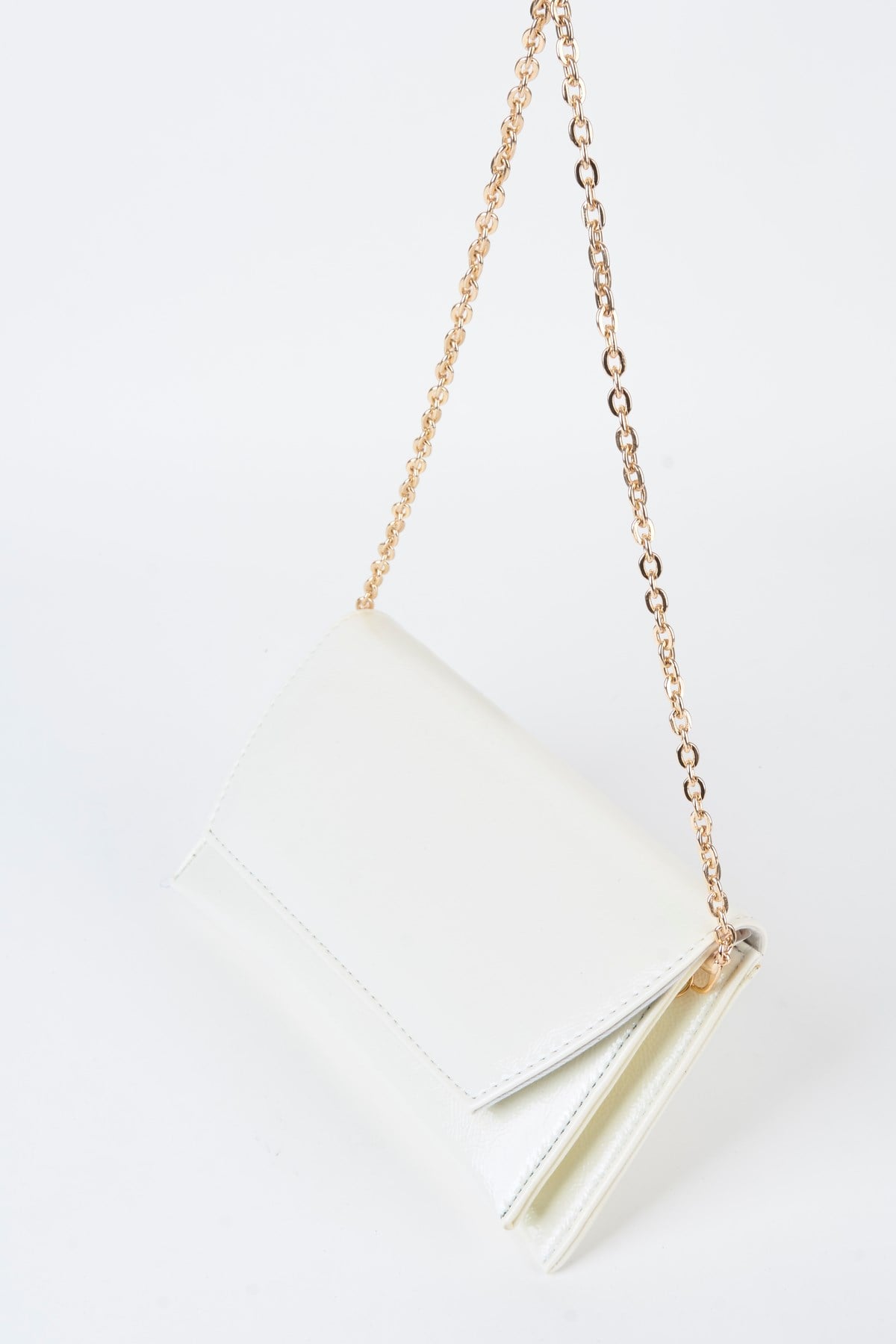 Kadın Beyaz Rugan Zarf Tasarım 2 Bölmeli Mini Zincir Askılı Çıt Çıt Kapama Clutch Ve El Çantası