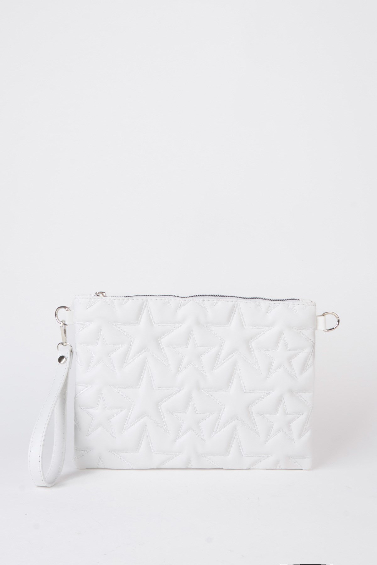 Kadın Beyaz Yıldız Nakışlı Suni Deri Bilek Ve Zincir Askılı Portföy El Ve Clutch Çanta