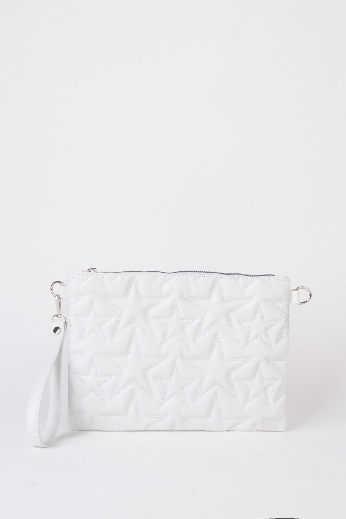 Kadın Beyaz Yıldız Nakışlı Suni Deri Bilek Ve Zincir Askılı Portföy El Ve Clutch Çanta