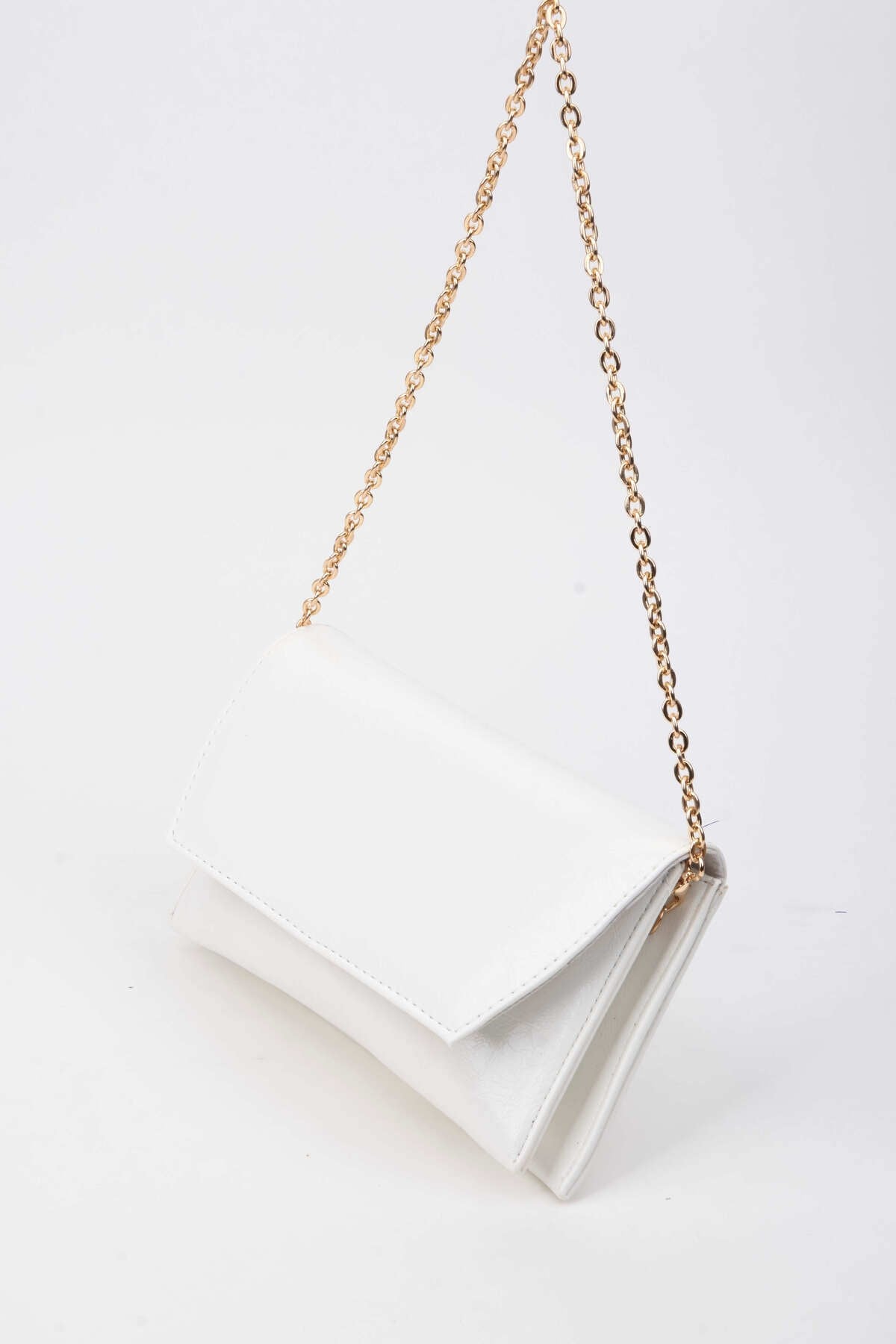 Kadın Beyaz Zarf Tasarım 2 Bölmeli Mini Zincir Askılı Çıt Çıt Kapama Clutch Ve El Çantası