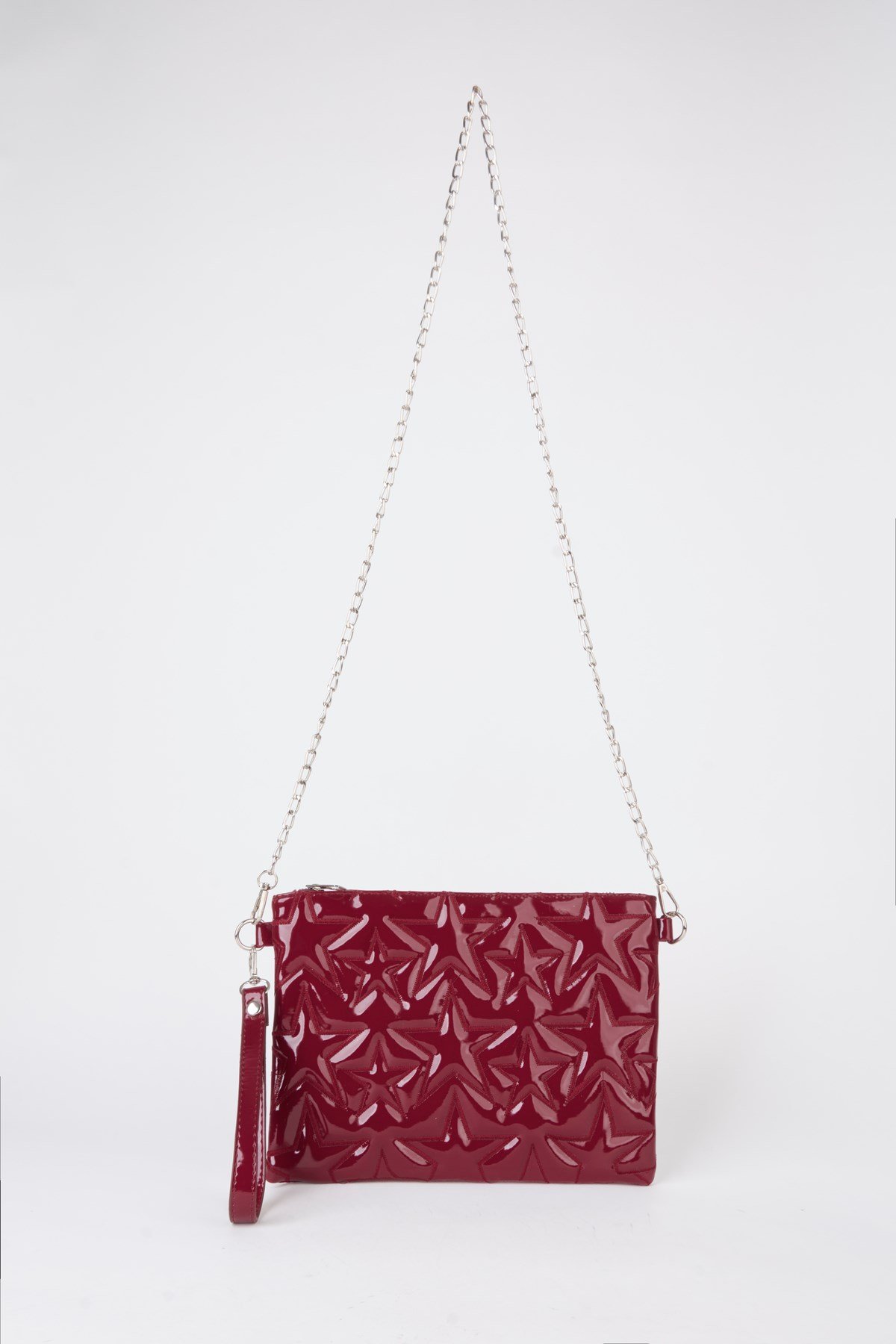 Kadın Bordo Yıldız Nakışlı Rugan Deri Bilek Ve Zincir Askılı Portföy El Ve Clutch Çanta