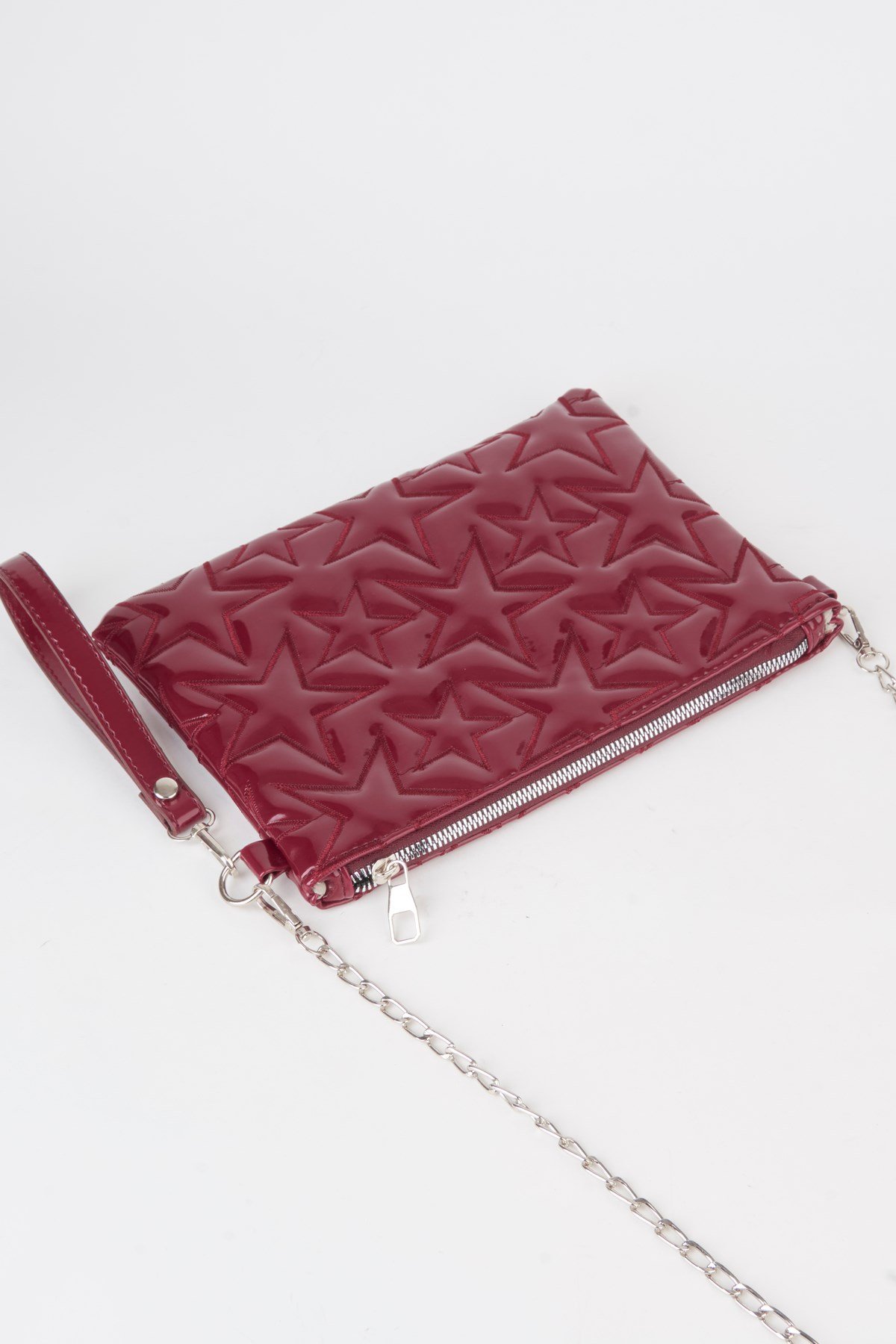 Kadın Bordo Yıldız Nakışlı Rugan Deri Bilek Ve Zincir Askılı Portföy El Ve Clutch Çanta