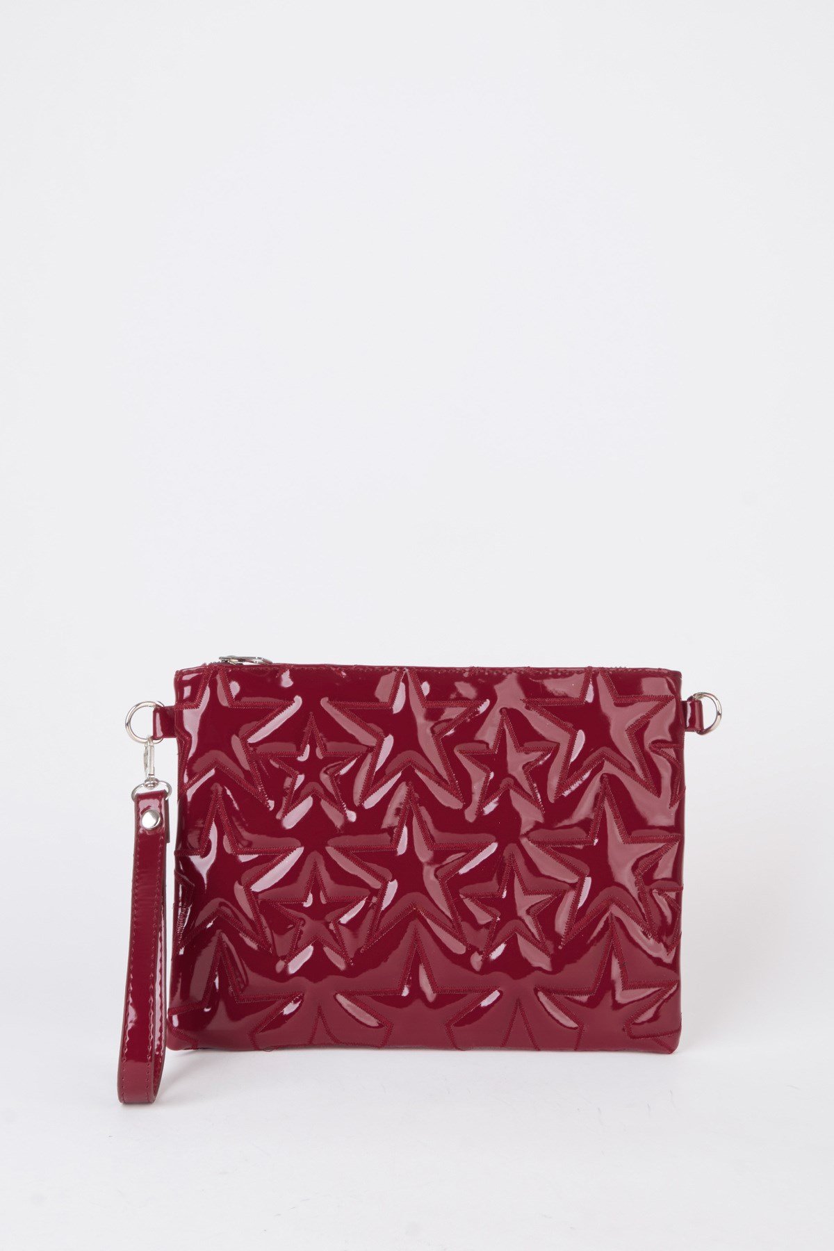 Kadın Bordo Yıldız Nakışlı Rugan Deri Bilek Ve Zincir Askılı Portföy El Ve Clutch Çanta