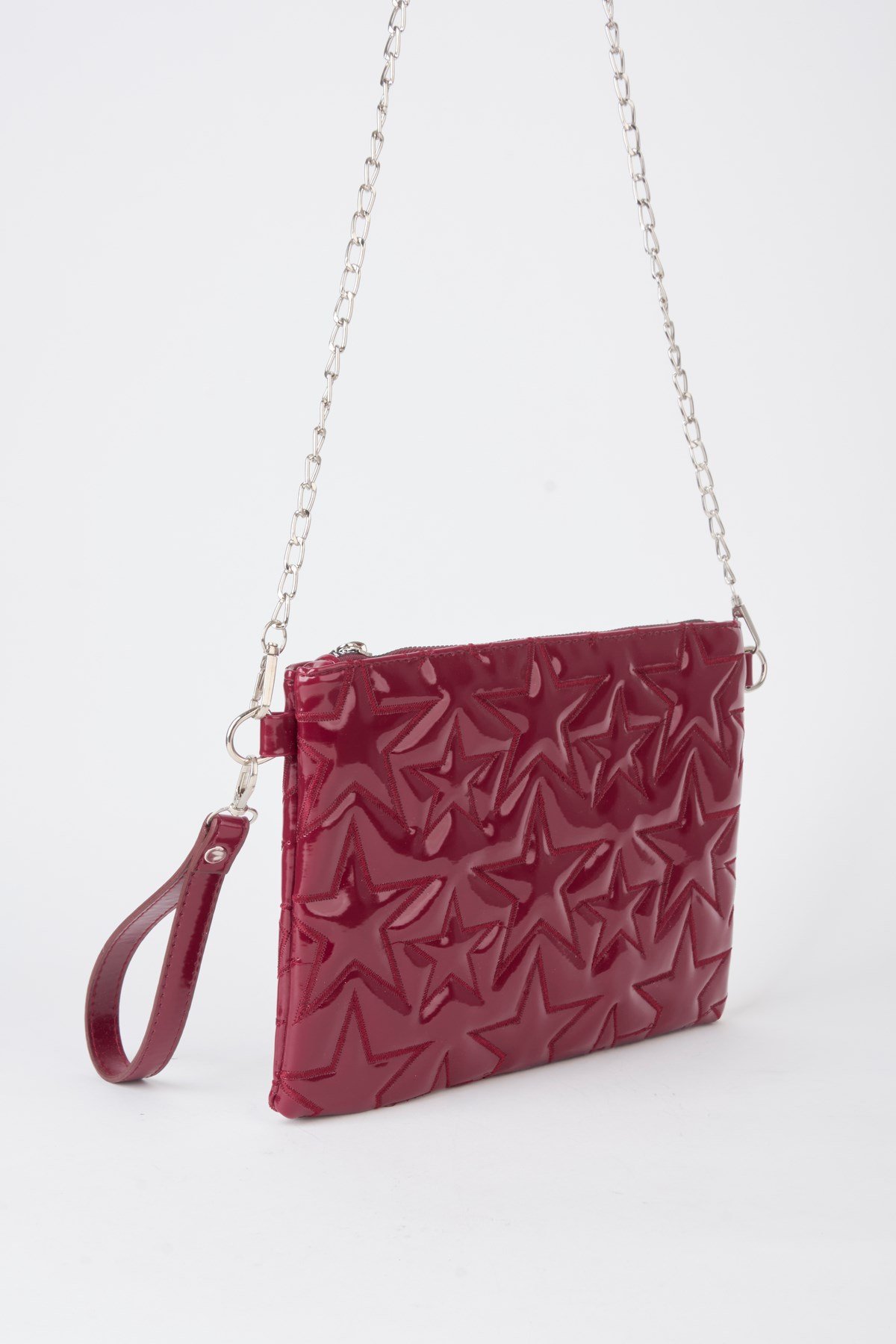 Kadın Bordo Yıldız Nakışlı Rugan Deri Bilek Ve Zincir Askılı Portföy El Ve Clutch Çanta