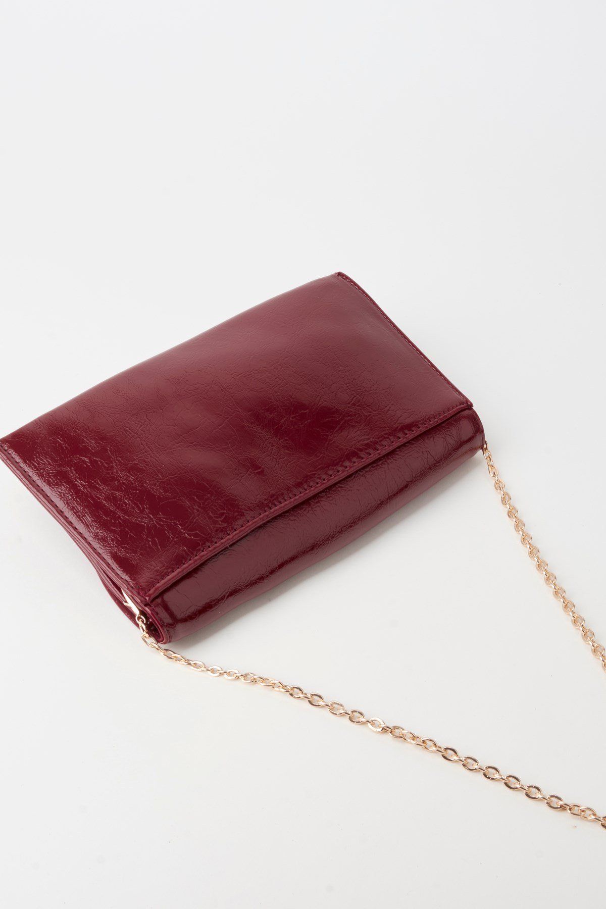 Kadın Bordo Zarf Tasarım 2 Bölmeli Mini Zincir Askılı Çıt Çıt Kapama Clutch Ve El Çantası