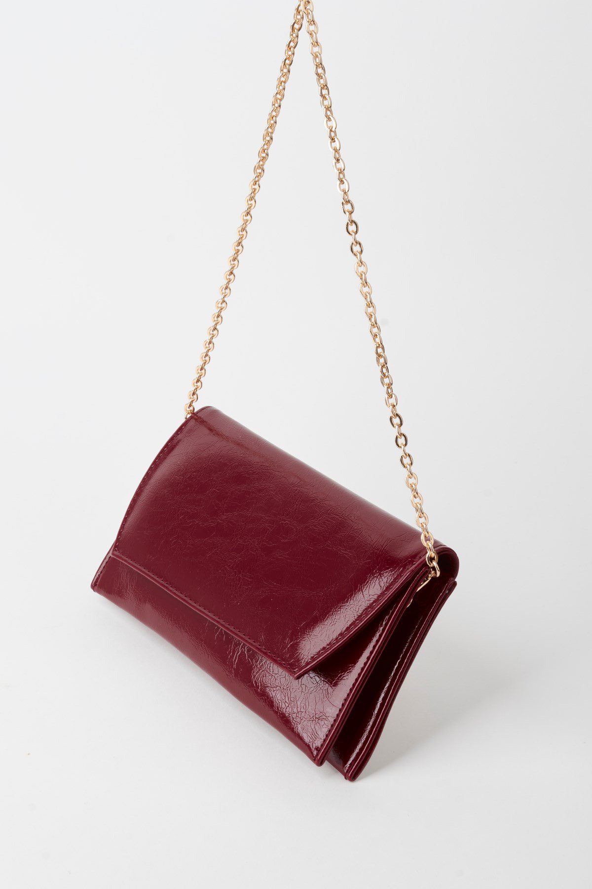 Kadın Bordo Zarf Tasarım 2 Bölmeli Mini Zincir Askılı Çıt Çıt Kapama Clutch Ve El Çantası