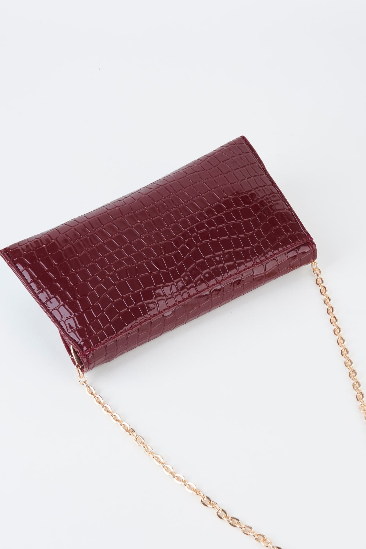 Kadın Croco Bordo Zarf Tasarım 2 Bölmeli Mini Zincir Askılı Çıt Çıt Kapama Clutch Ve El Çantası