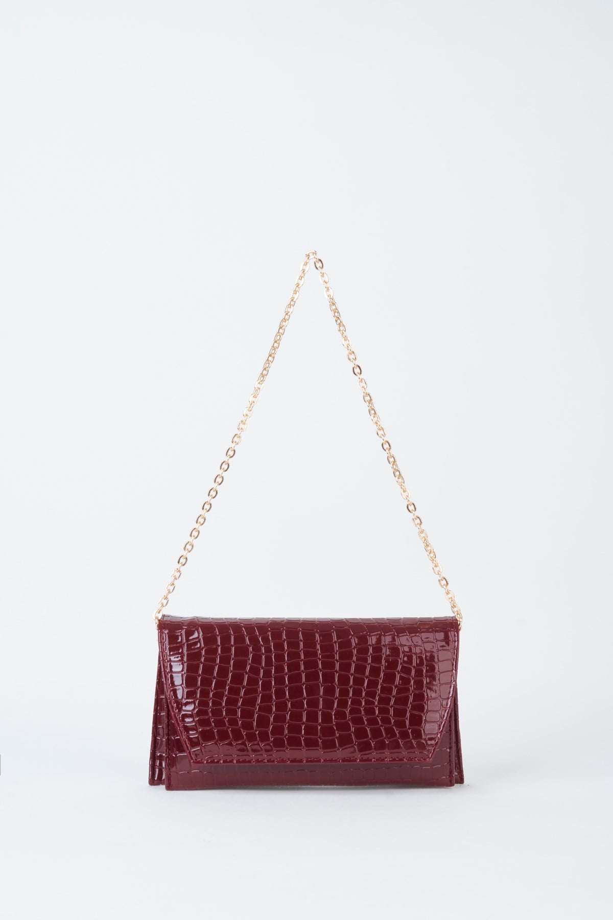 Kadın Croco Bordo Zarf Tasarım 2 Bölmeli Mini Zincir Askılı Çıt Çıt Kapama Clutch Ve El Çantası