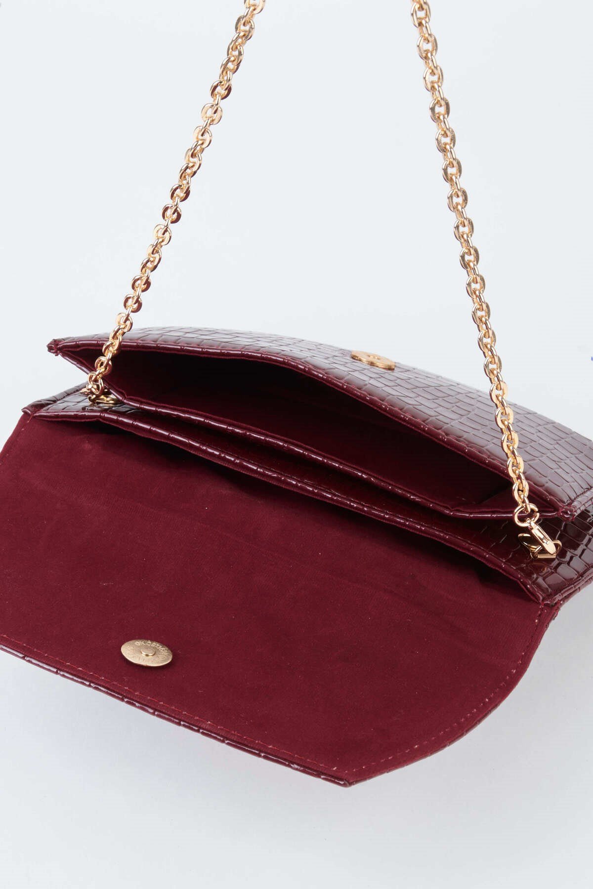 Kadın Croco Bordo Zarf Tasarım 2 Bölmeli Mini Zincir Askılı Çıt Çıt Kapama Clutch Ve El Çantası