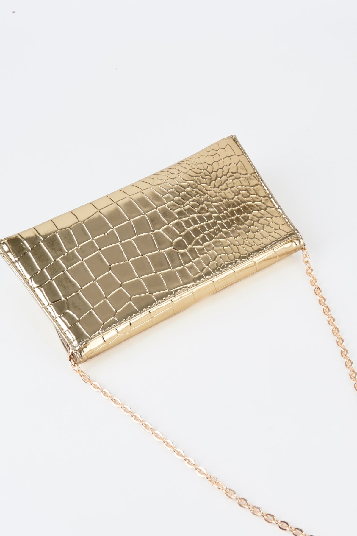 Kadın Croco Gold Zarf Tasarım 2 Bölmeli Mini Zincir Askılı Çıt Çıt Kapama Clutch Ve El Çantası
