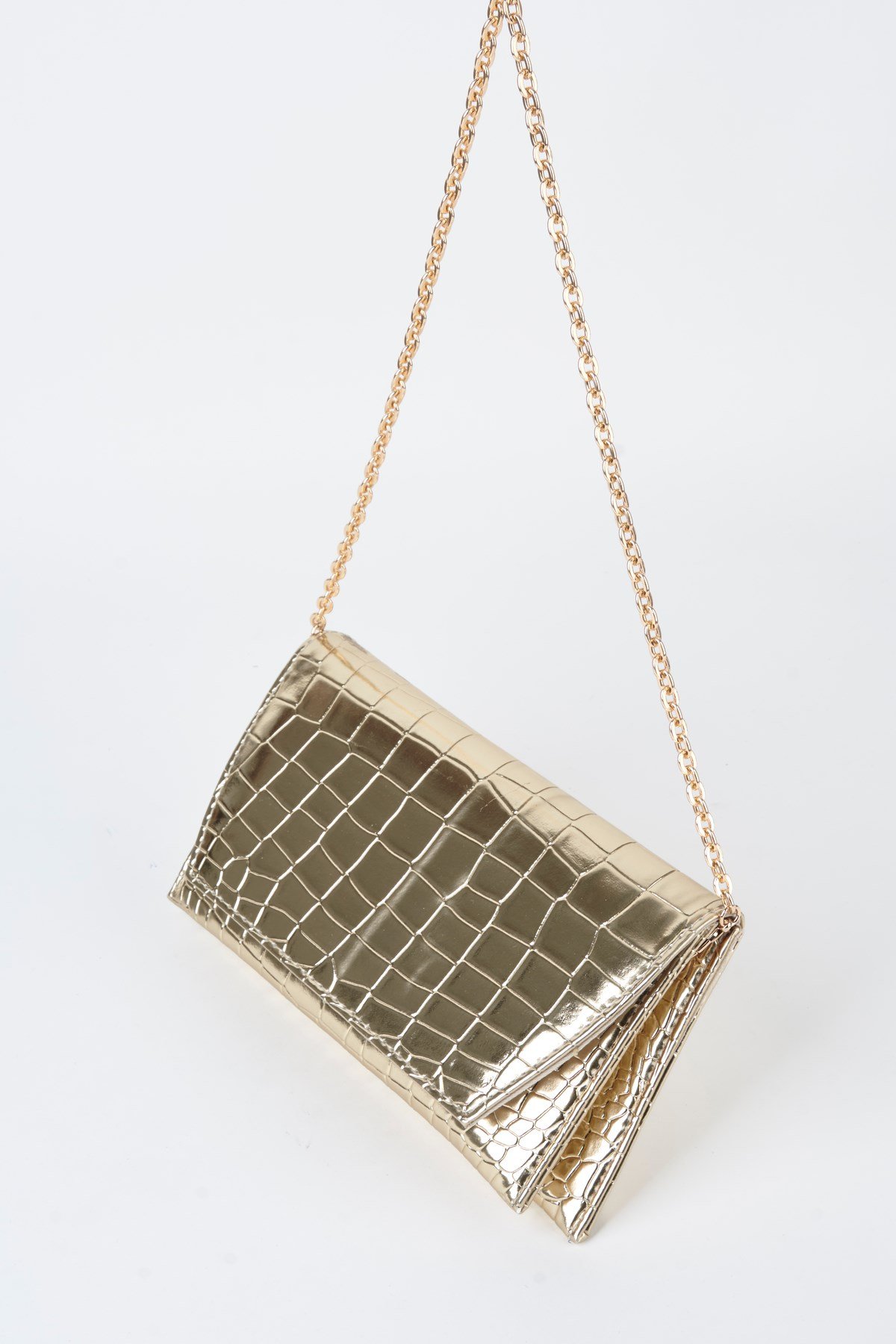 Kadın Croco Gold Zarf Tasarım 2 Bölmeli Mini Zincir Askılı Çıt Çıt Kapama Clutch Ve El Çantası