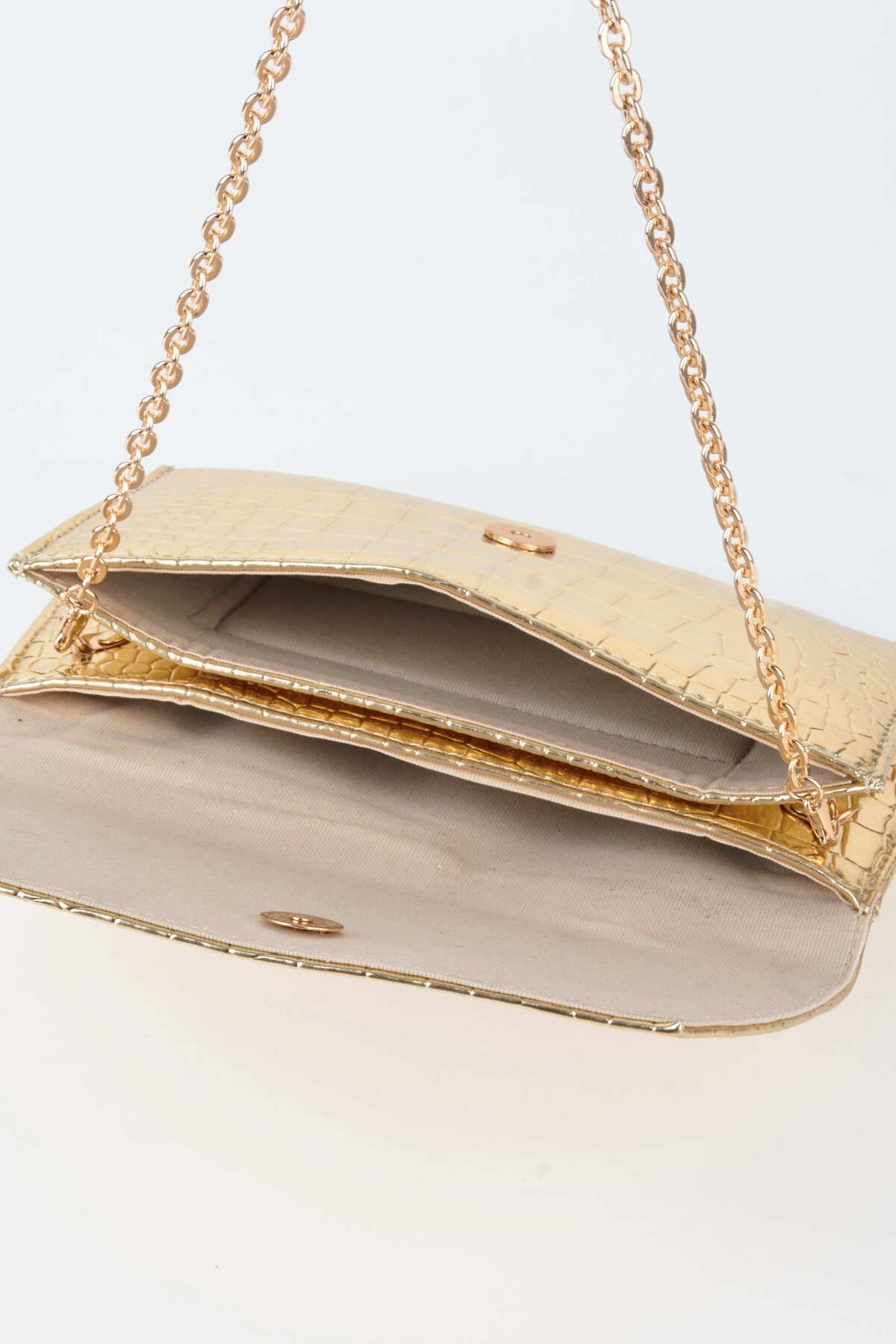 Kadın Croco Gold Zarf Tasarım 2 Bölmeli Mini Zincir Askılı Çıt Çıt Kapama Clutch Ve El Çantası