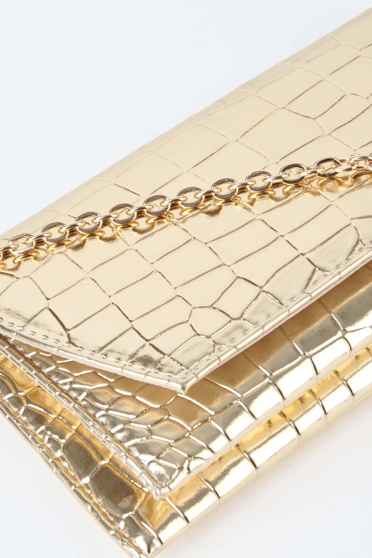 Kadın Croco Gold Zarf Tasarım 2 Bölmeli Mini Zincir Askılı Çıt Çıt Kapama Clutch Ve El Çantası