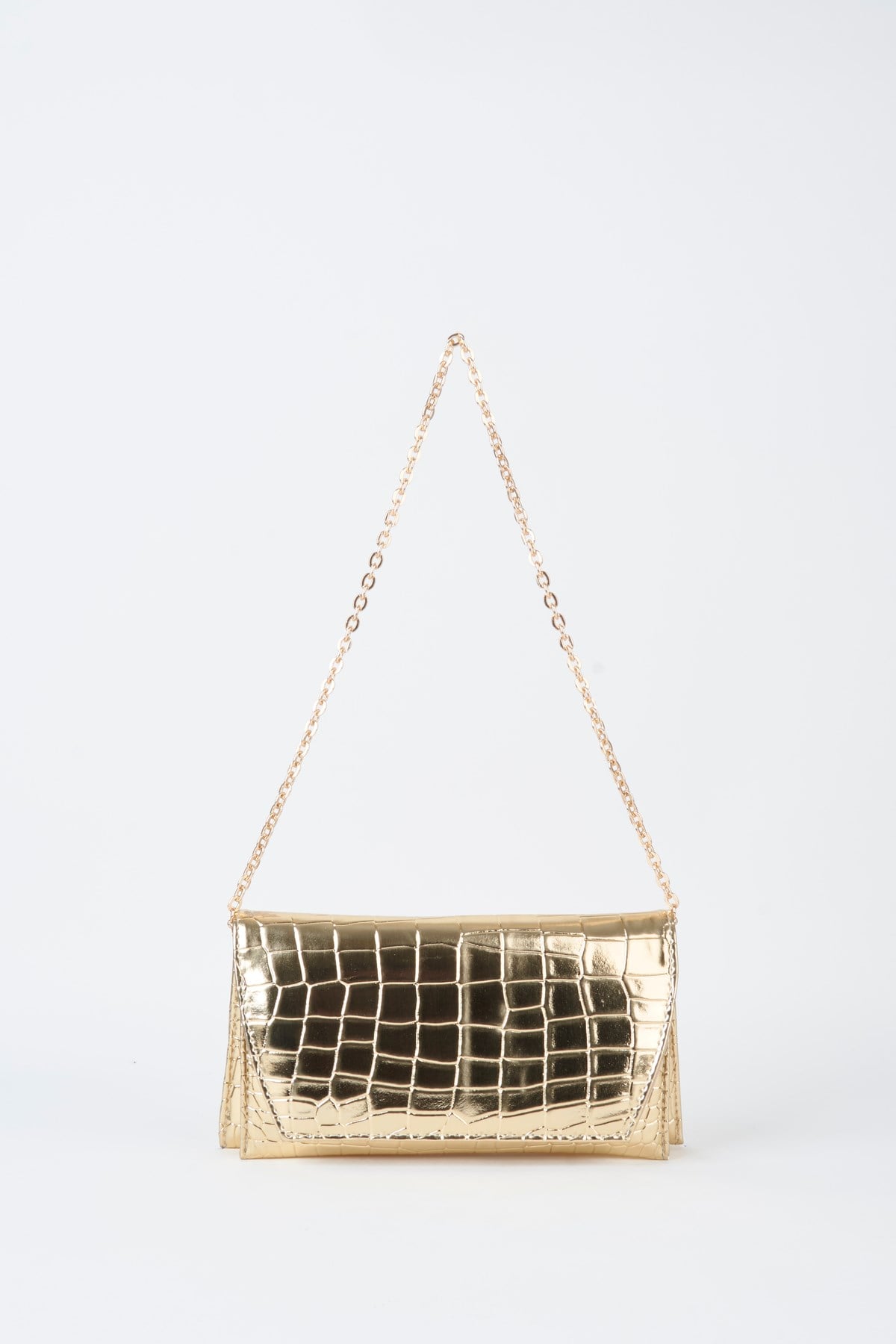 Kadın Croco Gold Zarf Tasarım 2 Bölmeli Mini Zincir Askılı Çıt Çıt Kapama Clutch Ve El Çantası