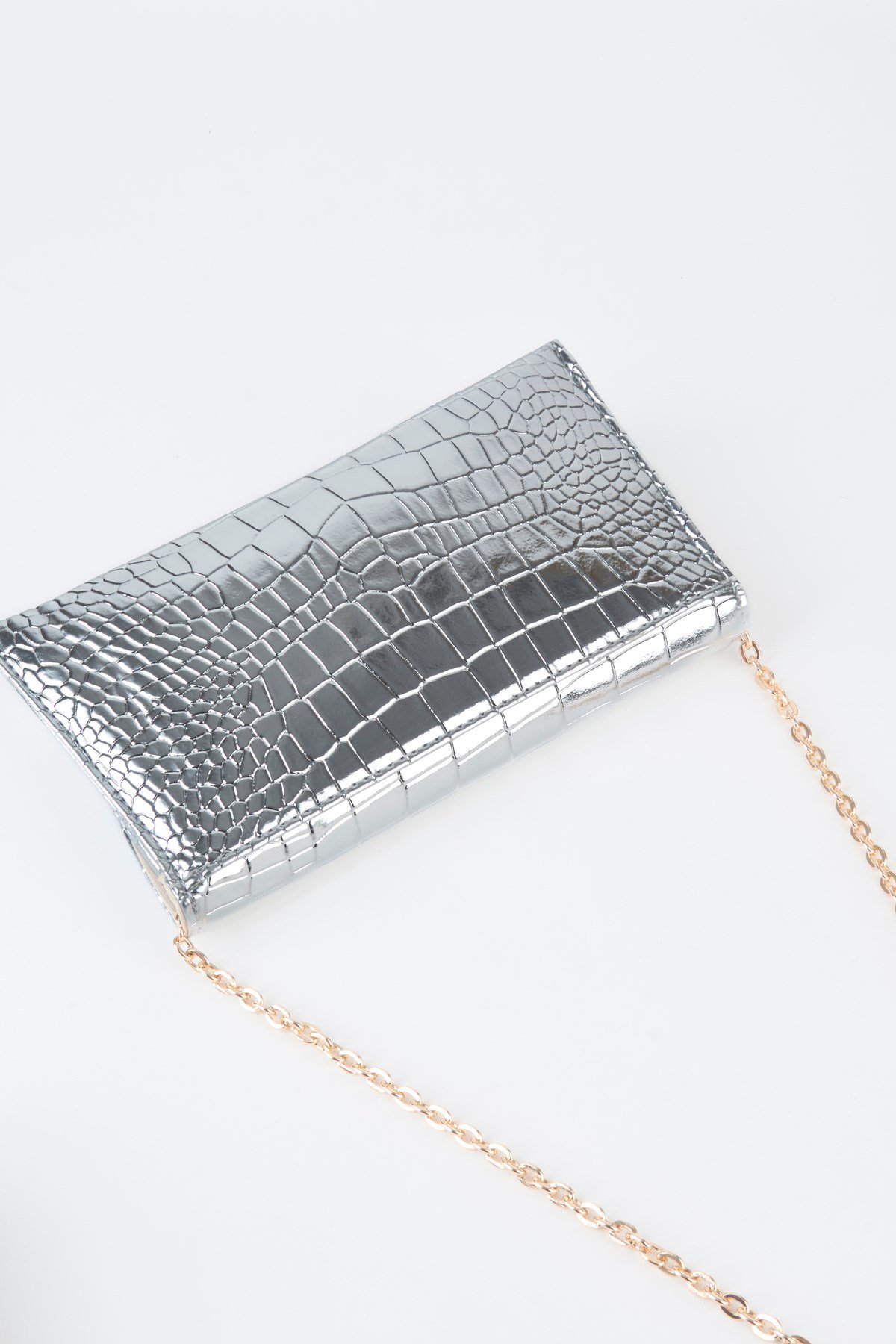 Kadın Croco Gümüş Zarf Tasarım 2 Bölmeli Mini Zincir Askılı Çıt Çıt Kapama Clutch Ve El Çantası