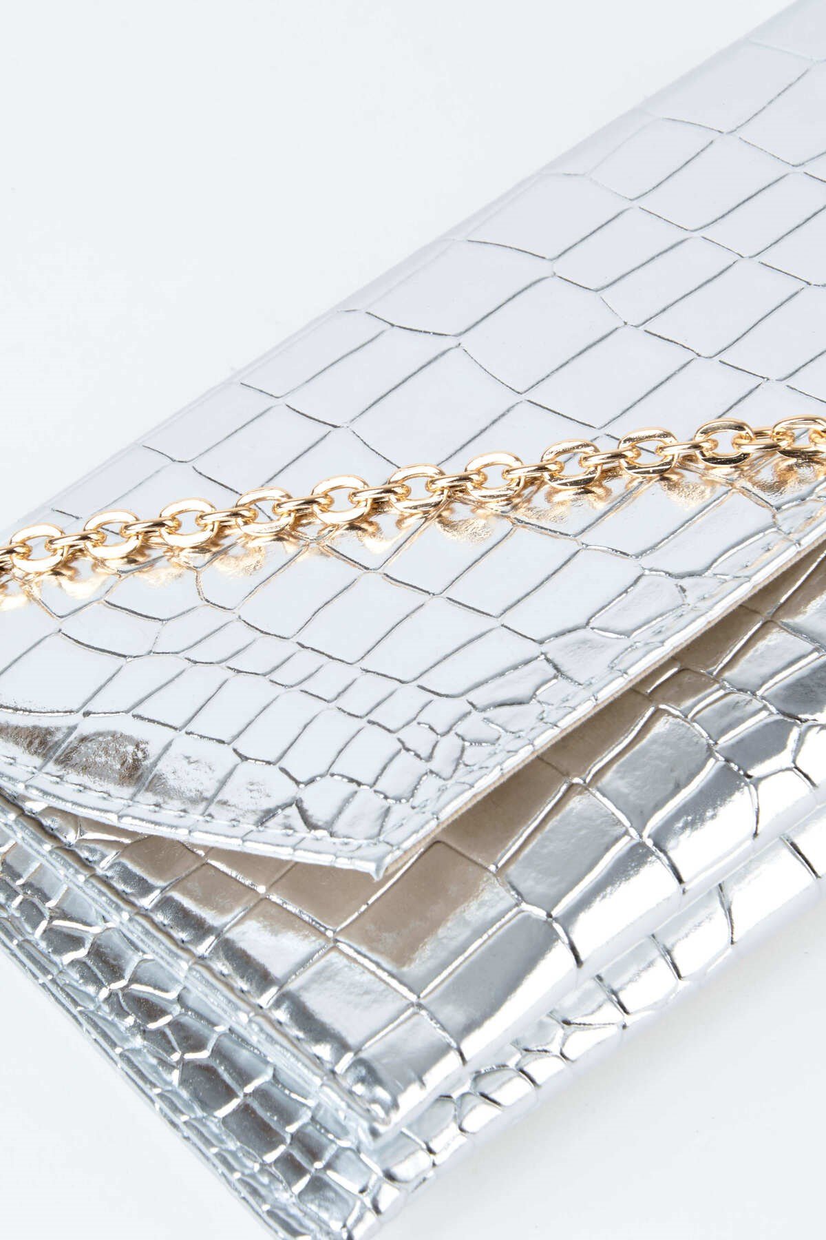 Kadın Croco Gümüş Zarf Tasarım 2 Bölmeli Mini Zincir Askılı Çıt Çıt Kapama Clutch Ve El Çantası