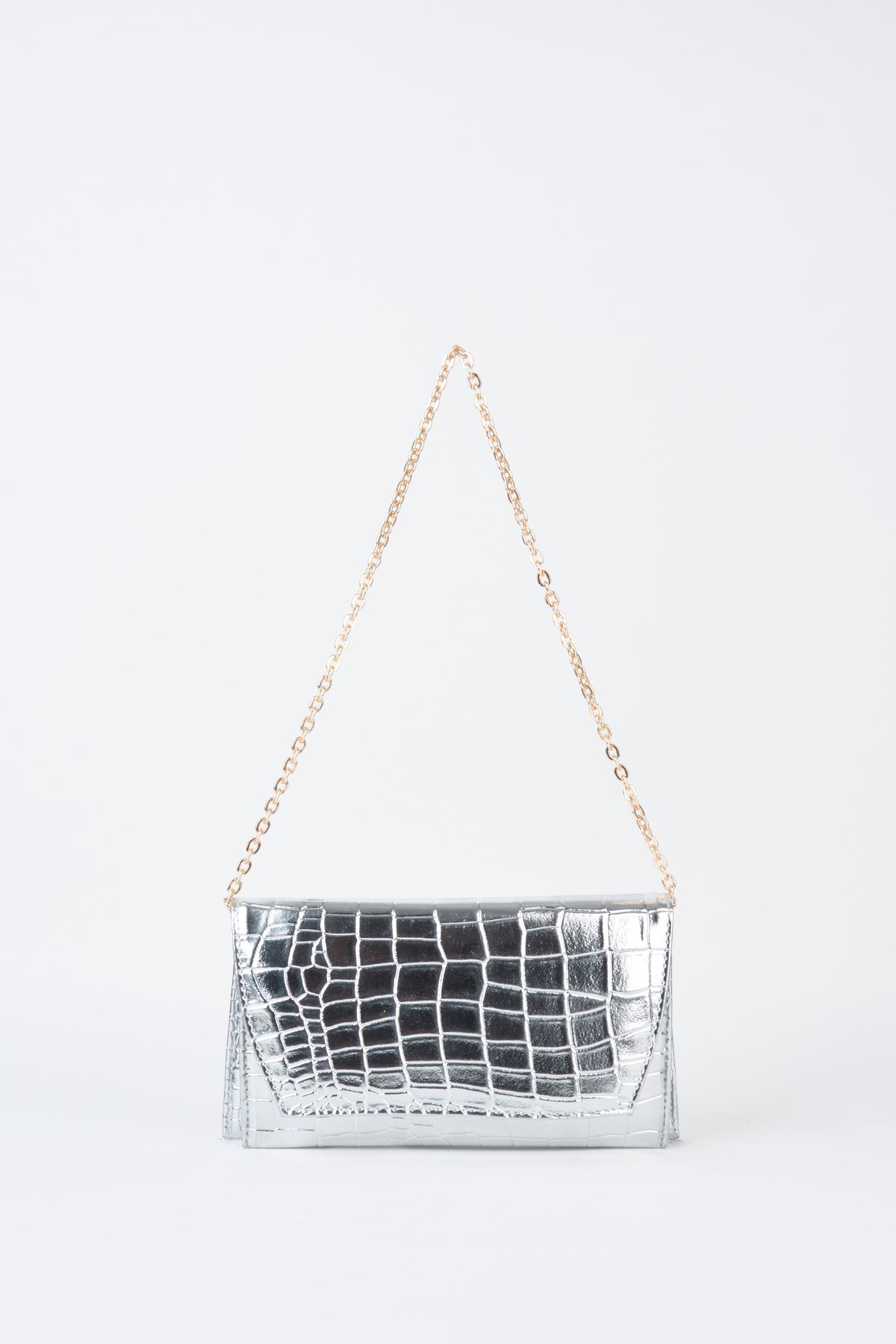 Kadın Croco Gümüş Zarf Tasarım 2 Bölmeli Mini Zincir Askılı Çıt Çıt Kapama Clutch Ve El Çantası